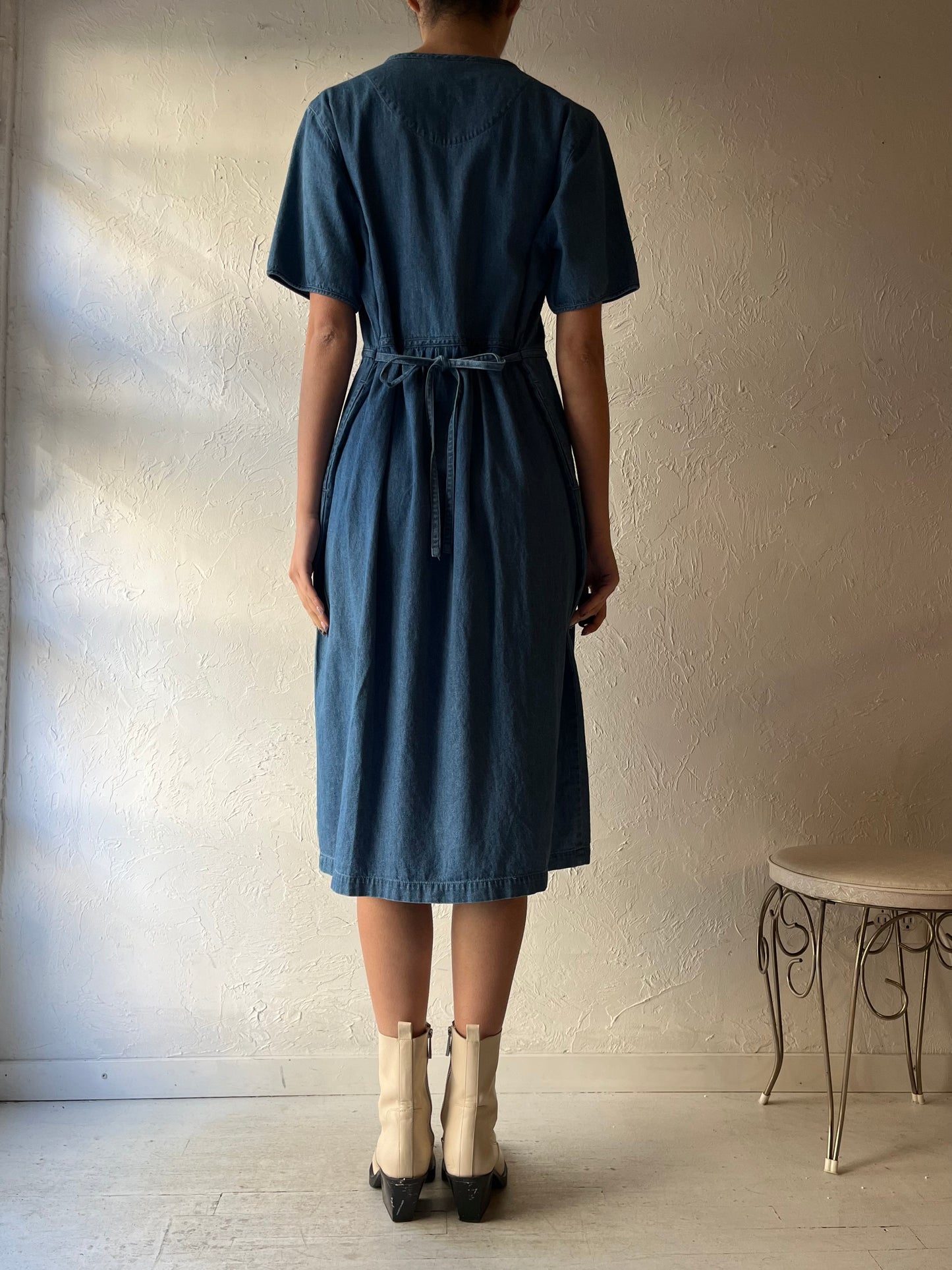 90s 'VI Petites' Denim Embroidered Midi Dress / Large