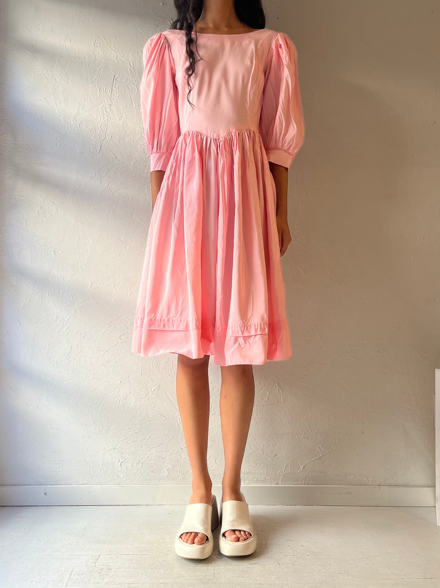 Vintage Handmade Pink Puff Sleeve Midi Dress / Small