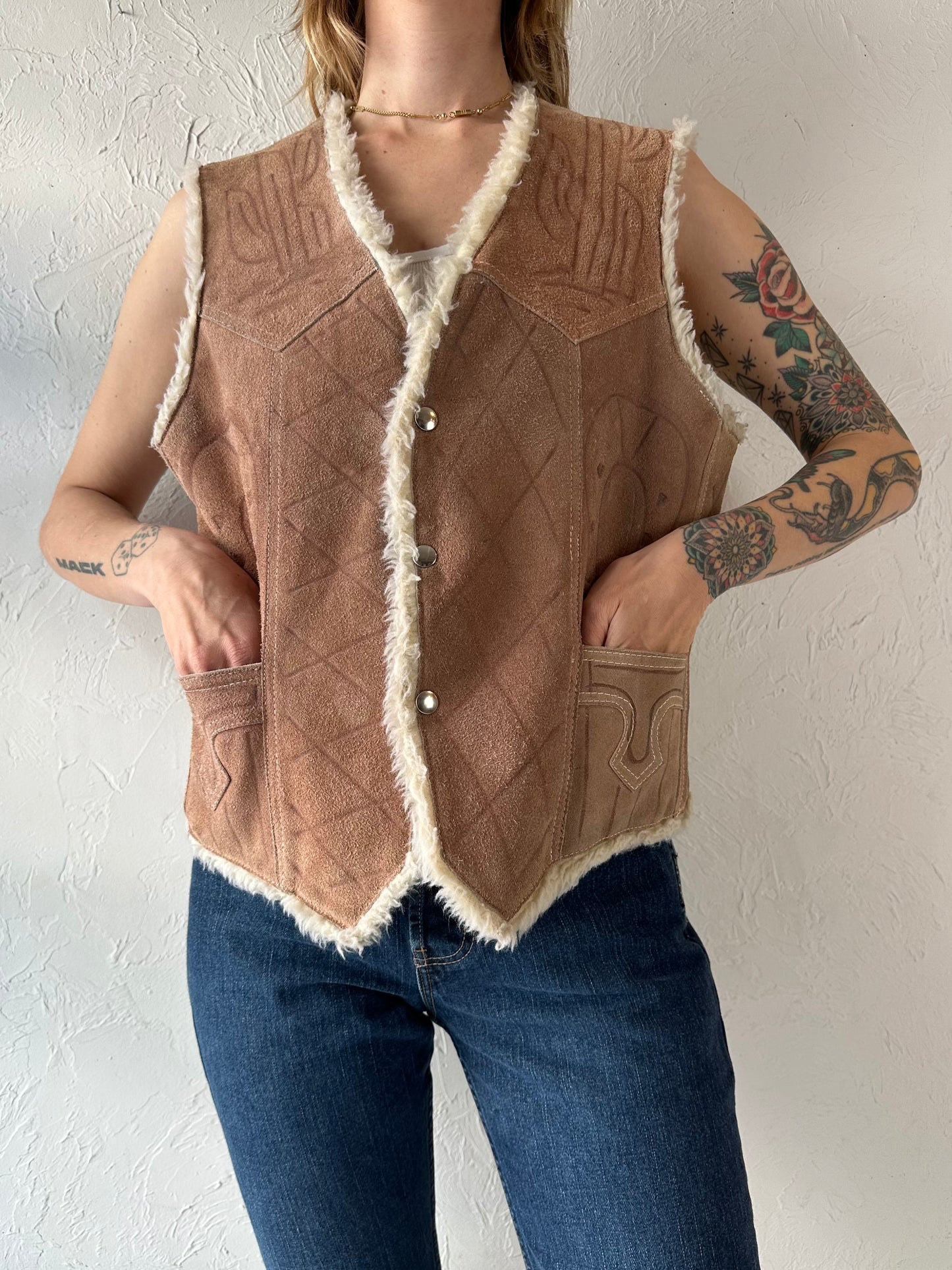 Vintage 'Genuine Leather' Embossed Suede Faux Fur Lined Vest / Large