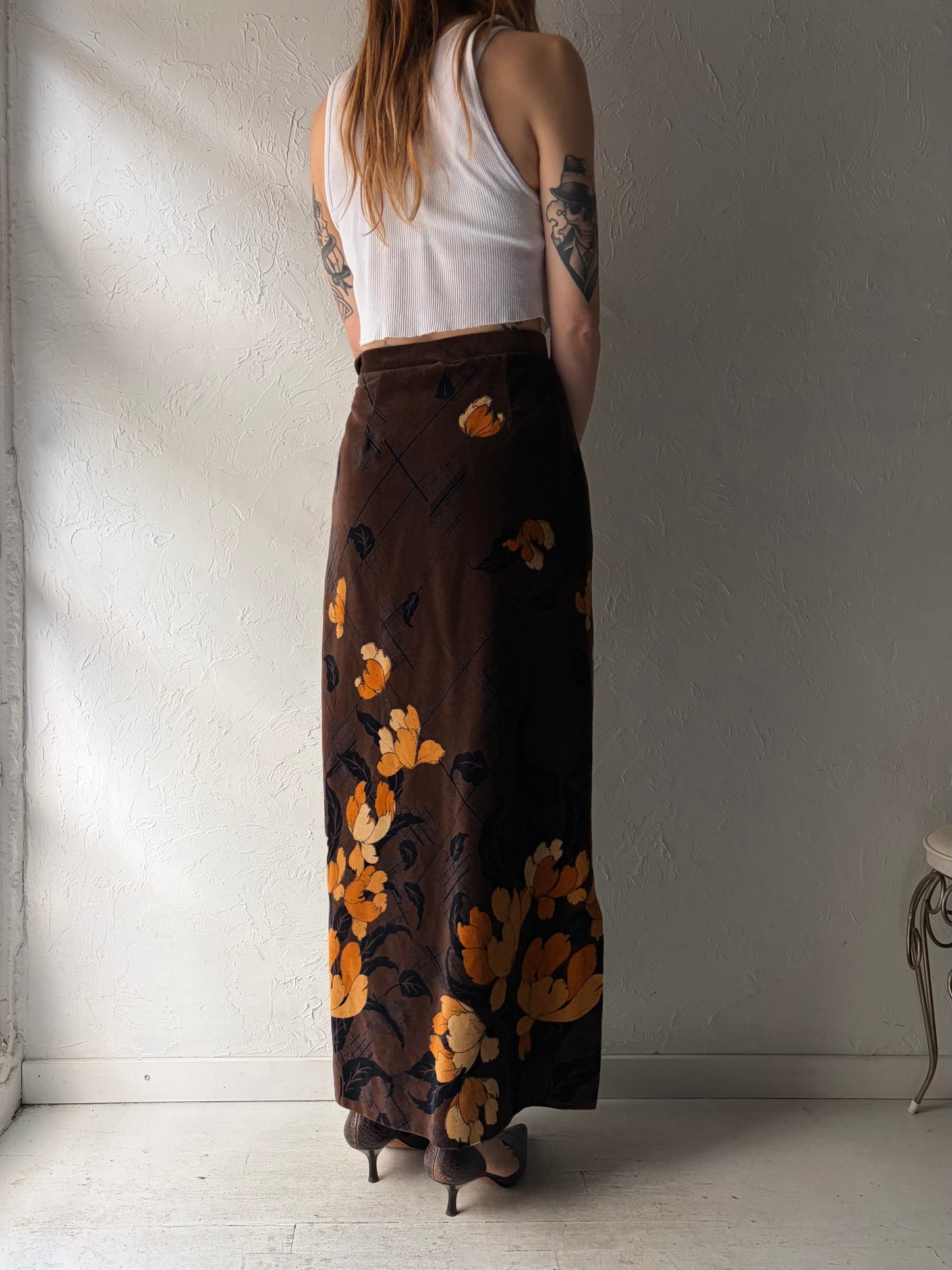 70s 'Tan Jay' Brown Velvet Floral Maxi Skirt / Small