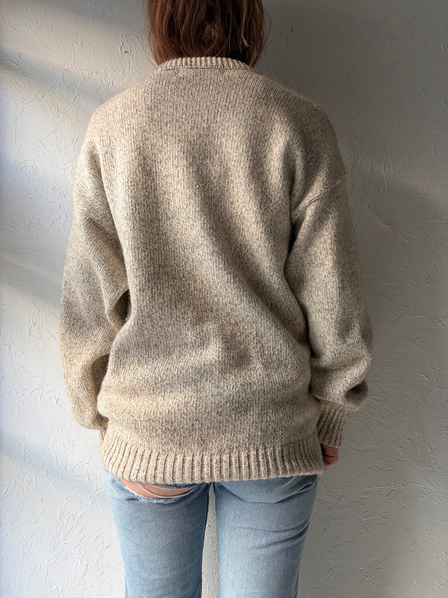 90s 'North Woods' Oatmeal Minimalist Crew Neck Pull Over Sweater / Medium