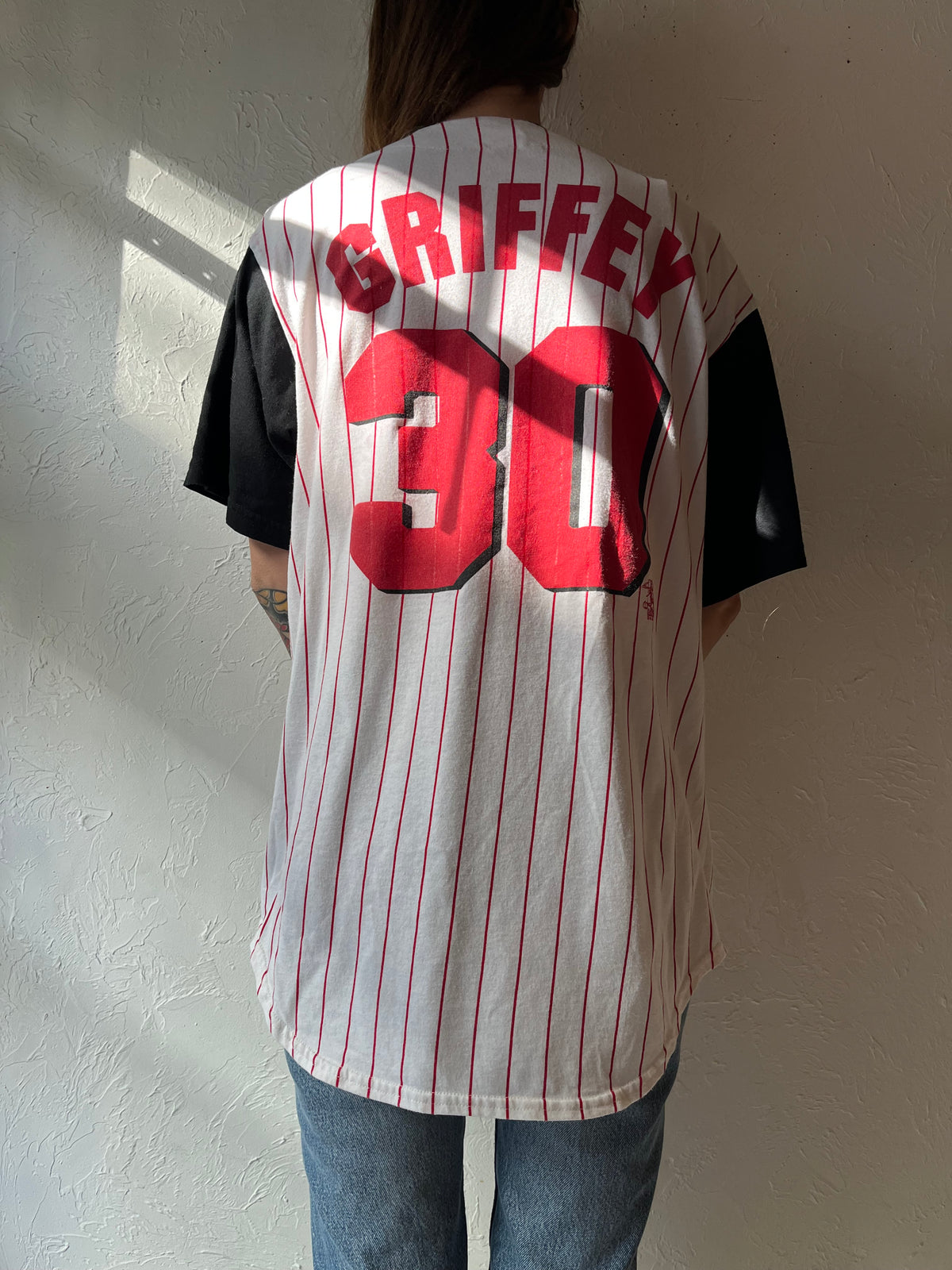 Y2K 'Majestic' Cincinnati Reds Ken Griffey Jr #30 Baseball Jersey Pinstripe Button Front Shirt, MLB Sportswear / Medium