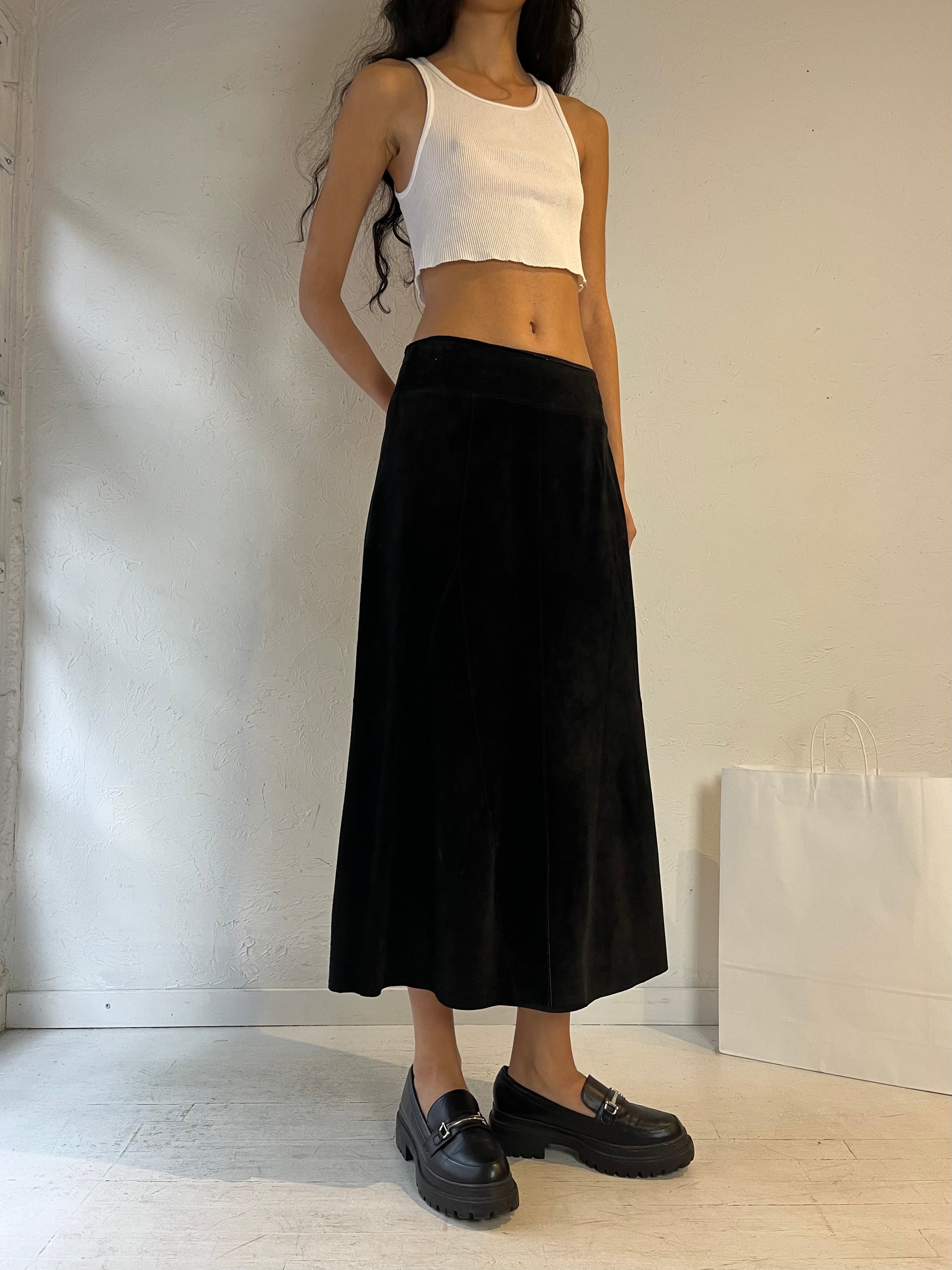 90s ‘Valerie Steven’s’ Black Suede Leather Midi Skirt / Small