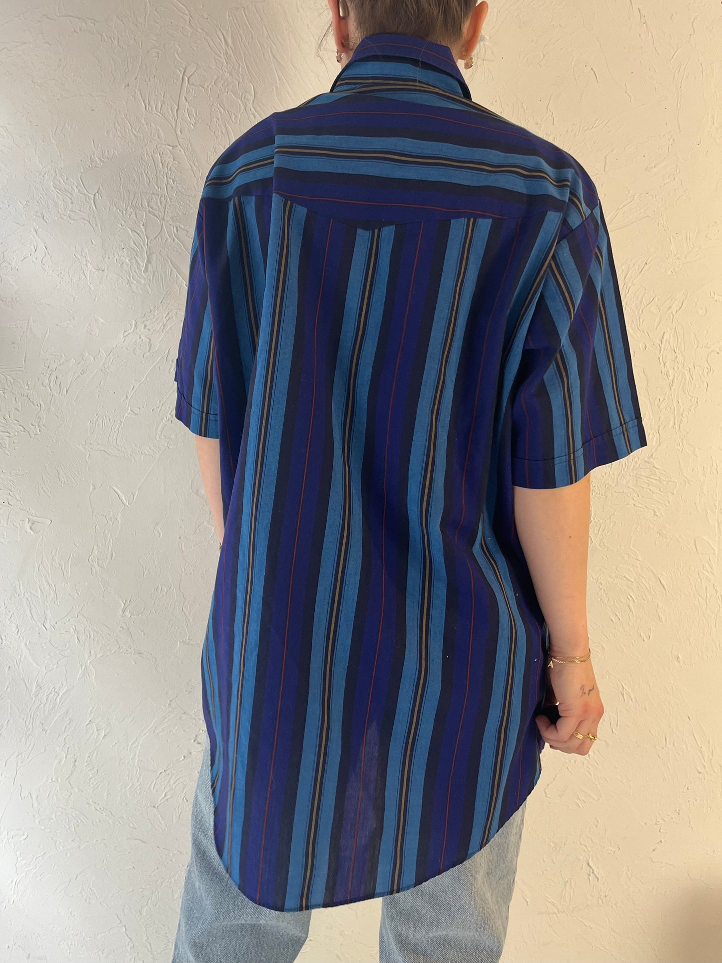 Y2k 'Ely' Blue Striped Pearl Snap Western Shirt / Large