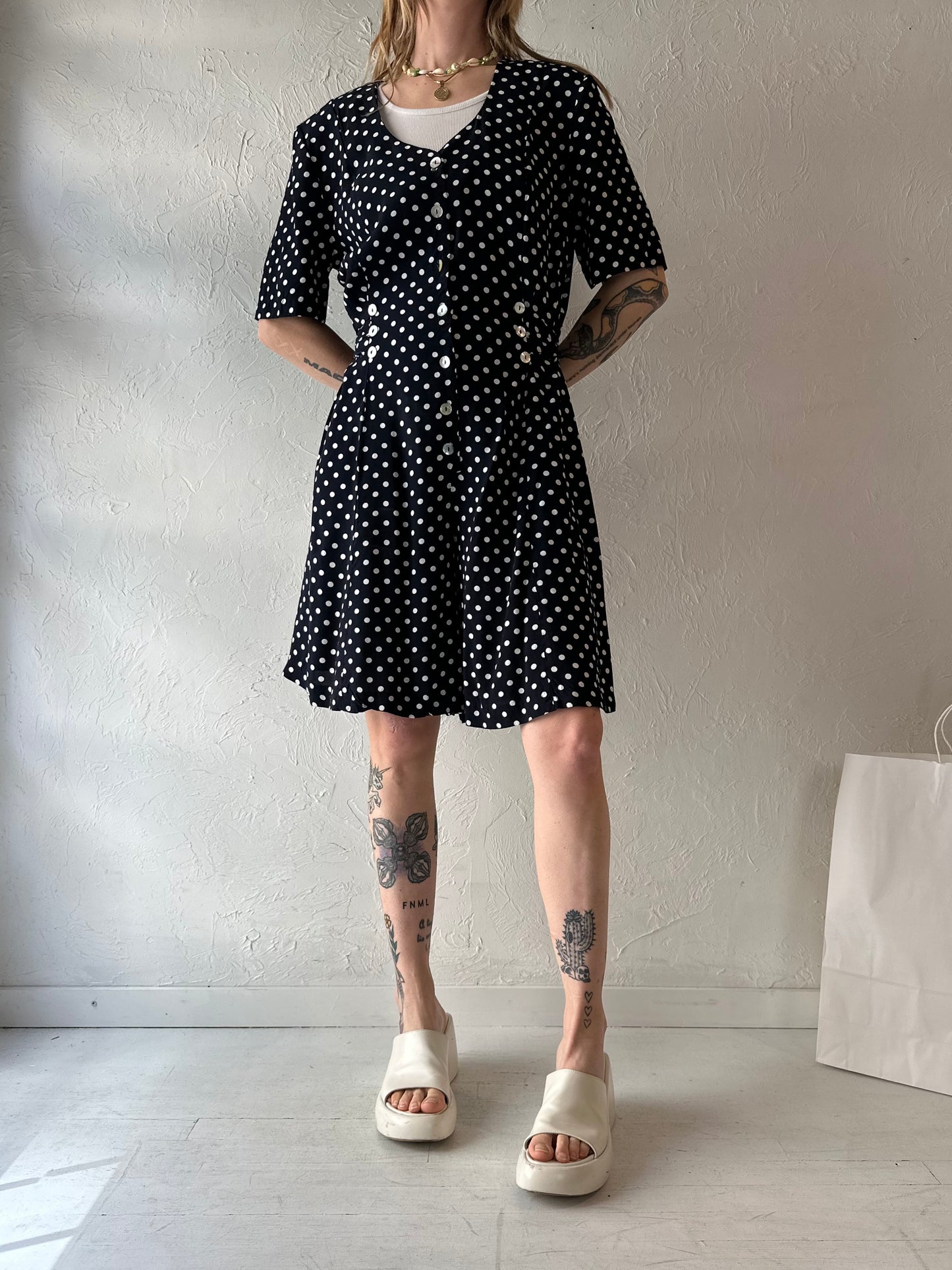 90s 'New Horizons' Polka Dot Rayon Romper / Medium