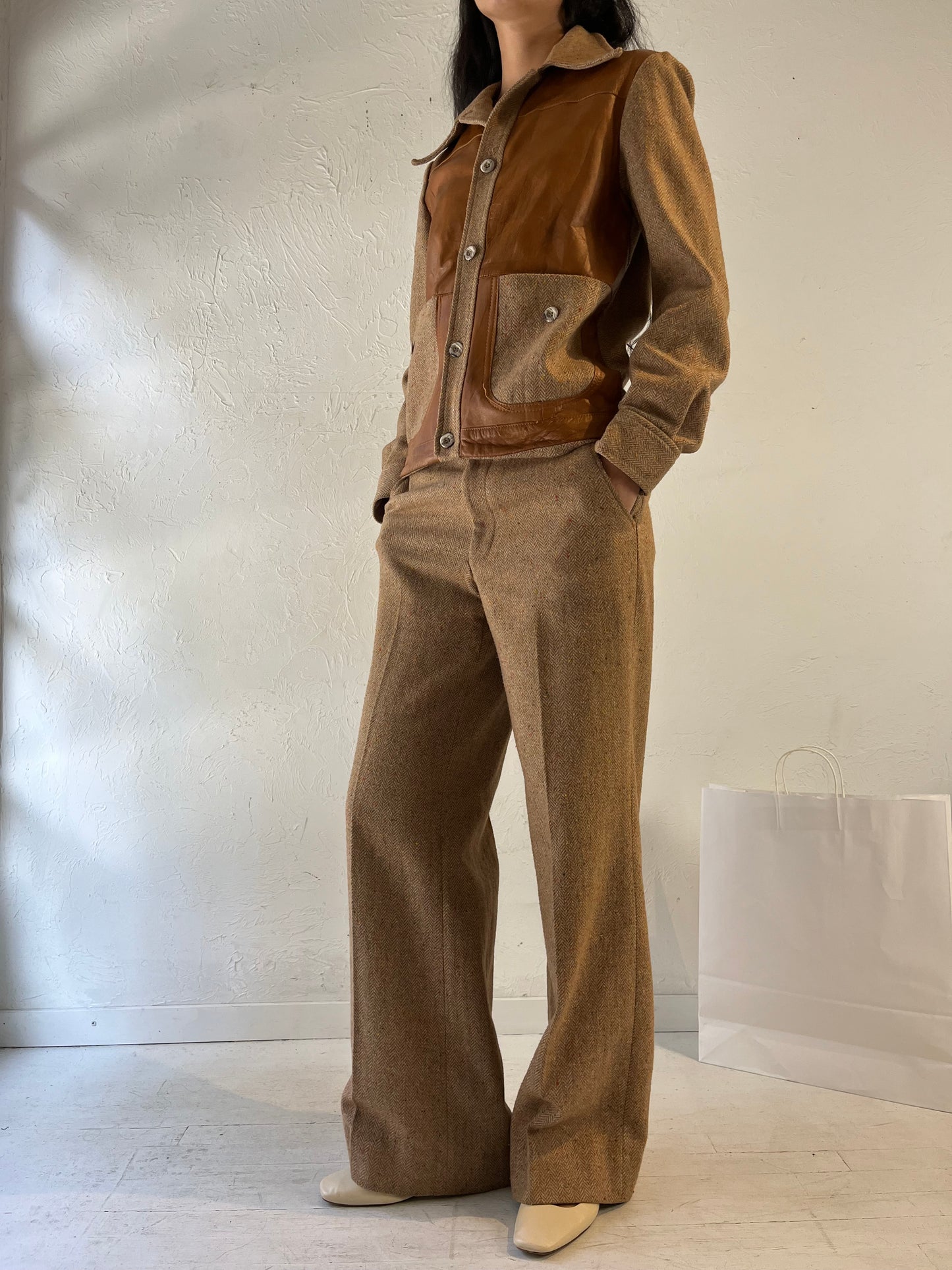 70s 'Oggi' Beiege Knit Matching Pants Jacket Set / Medium