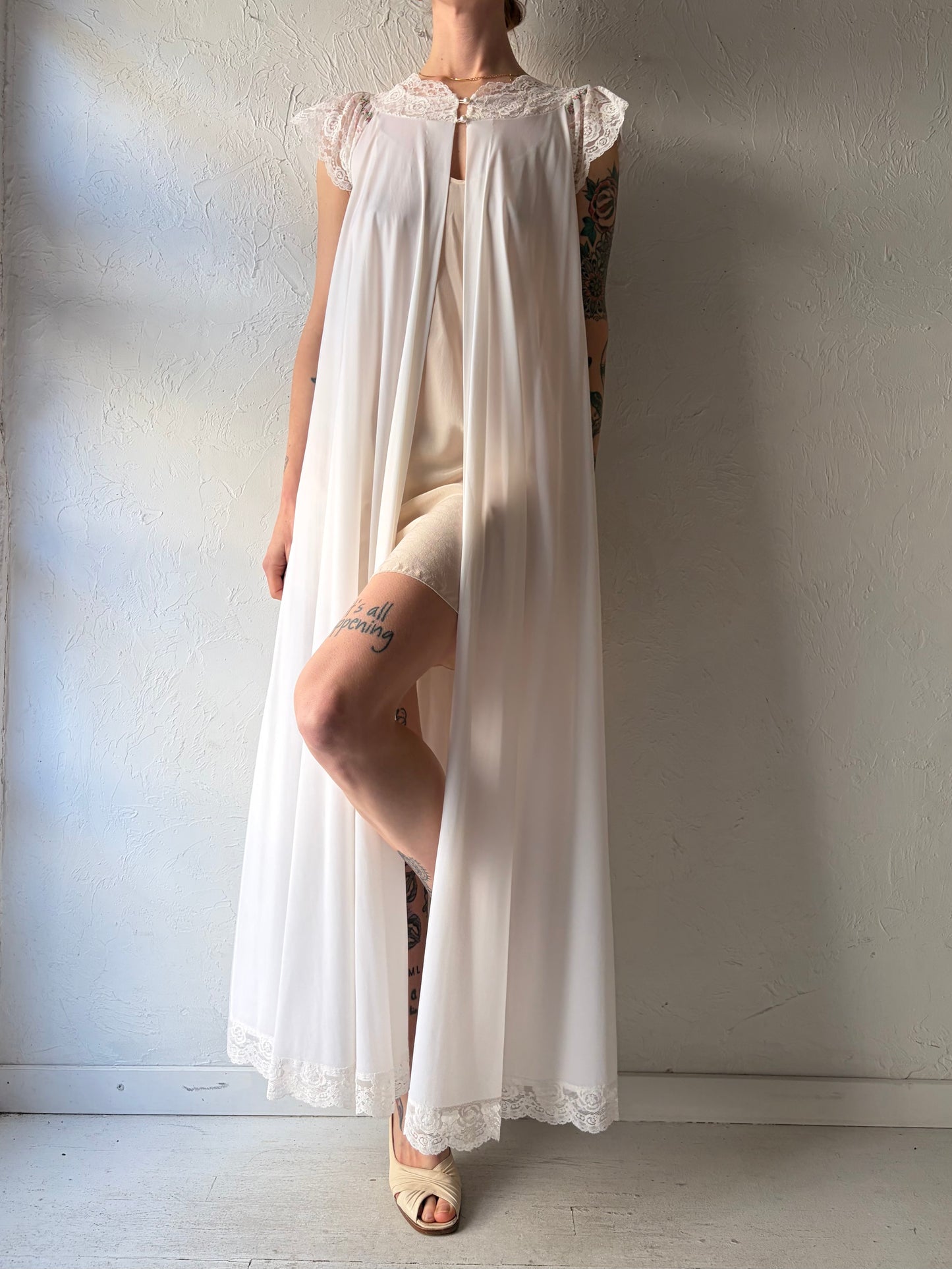 60s White Nylon Peignoir Robe / Small
