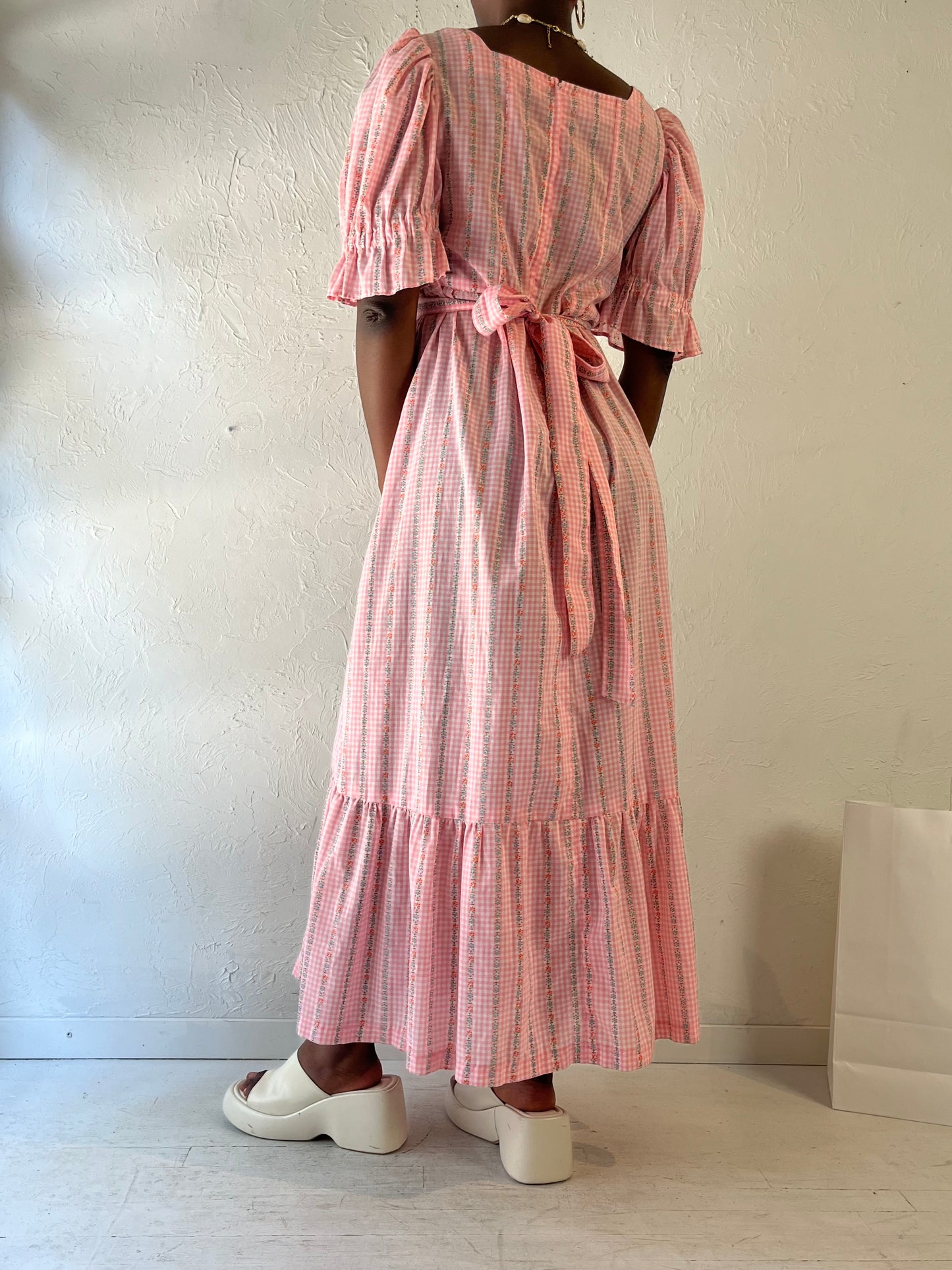 Vintage Pink Gingham Peasant Dress / Medium