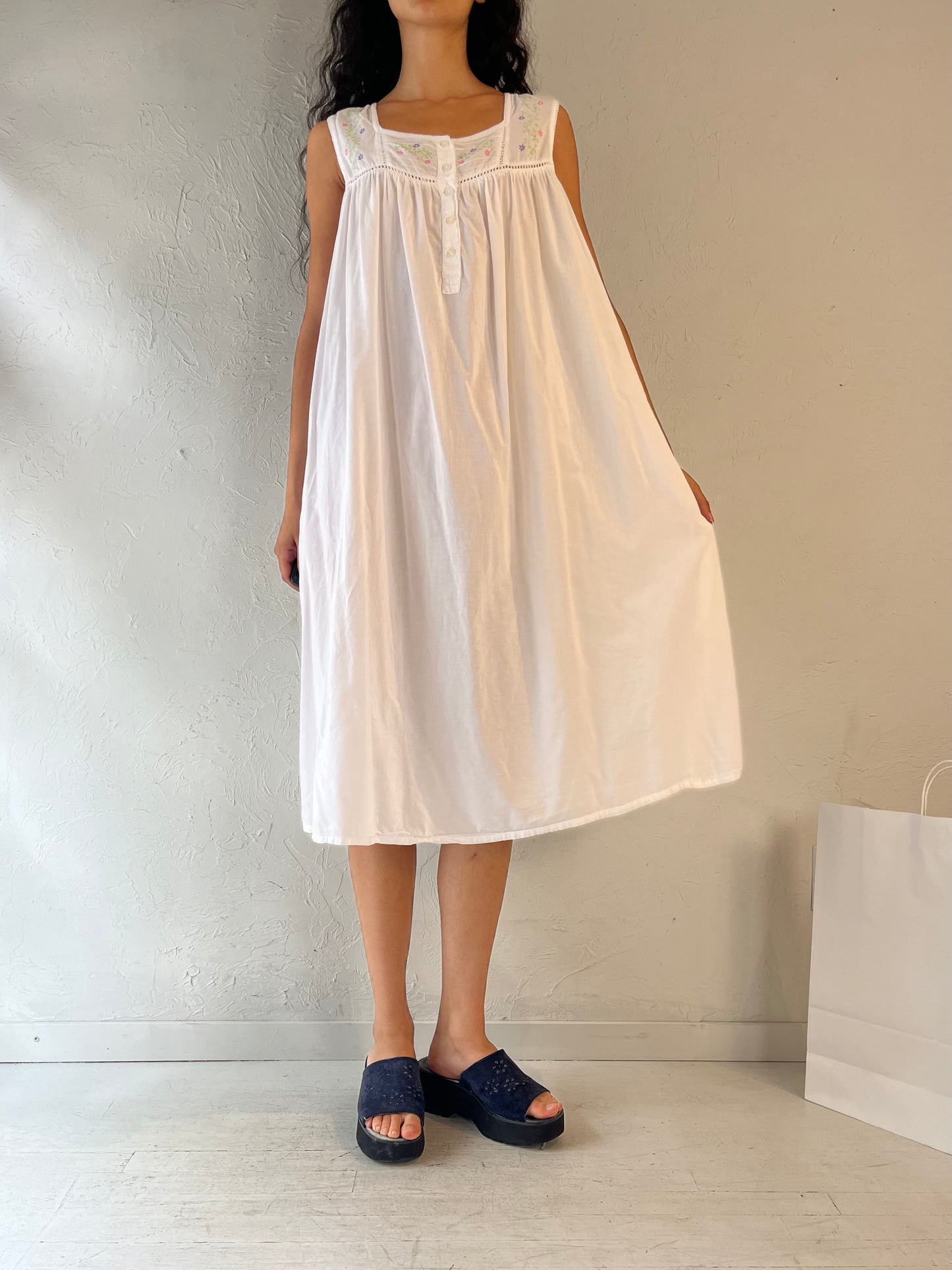 Vintage White Cotton Midi Dress / Medium