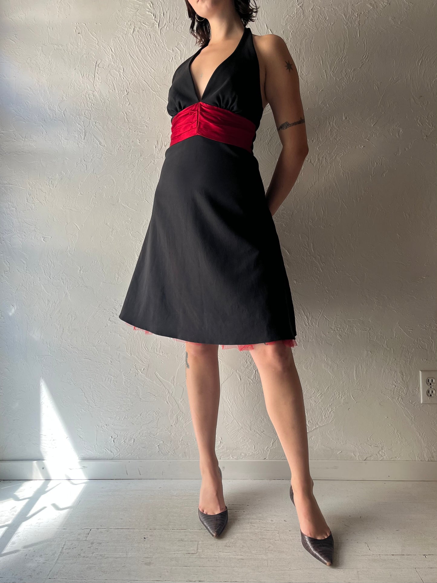 90s 'Ruby Rox' Black Pin Up Girl Halter Mini Party Dress / Small