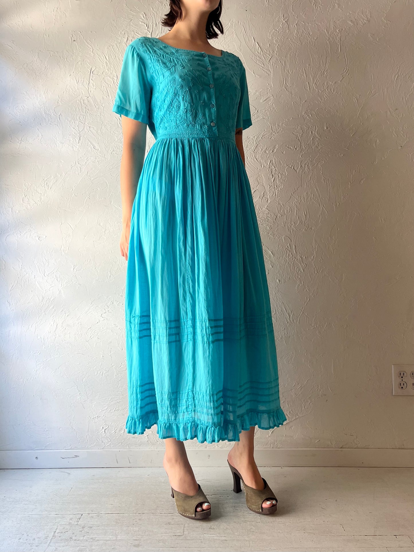 90s 'Victoria Holley' Blue Sundress / Embroidered Romantic Cottagecore Prairie Summer Dress / Small
