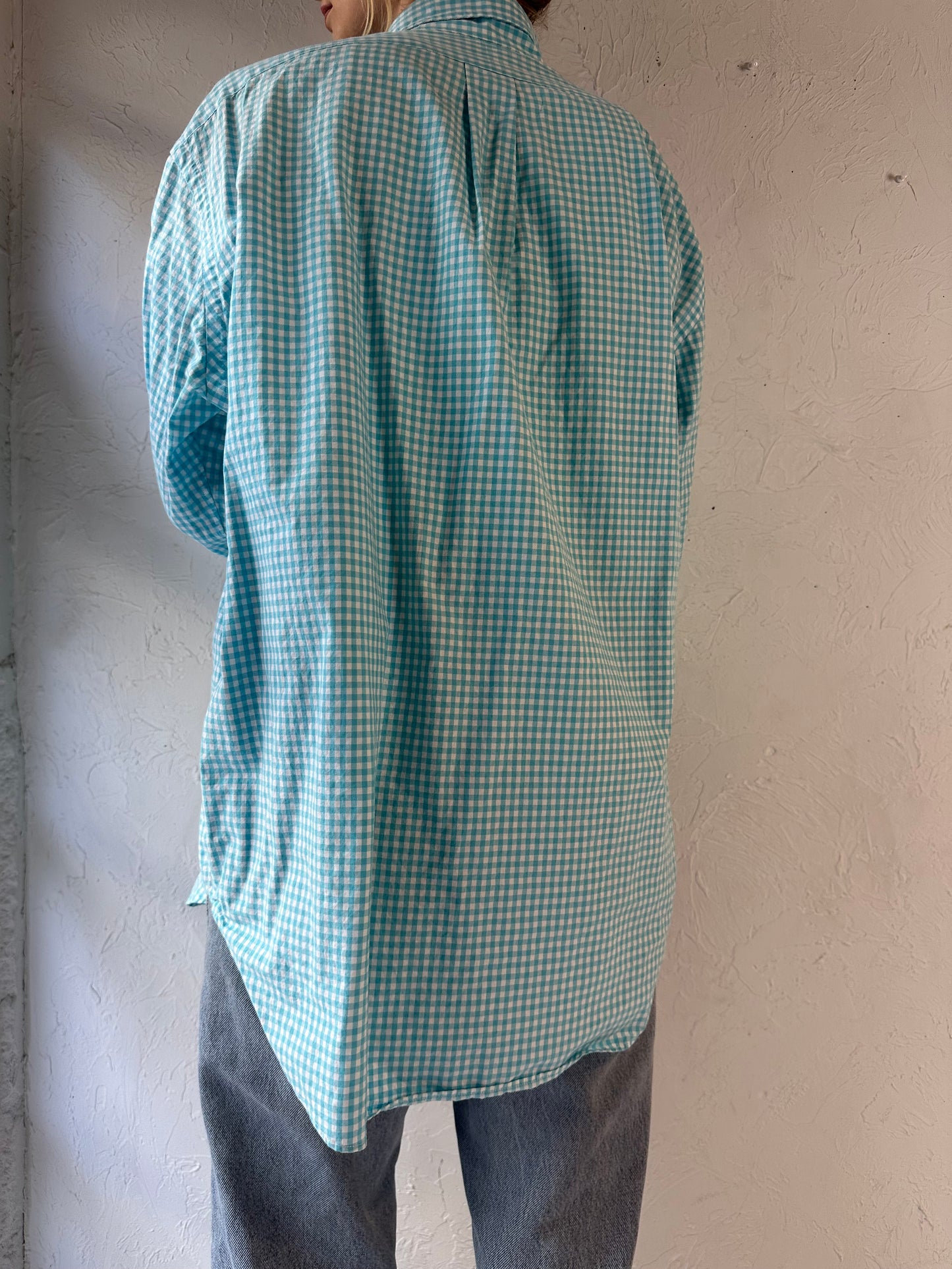 Y2k 'Ralph Lauren' Blue Gingham Cotton Shirt / XL