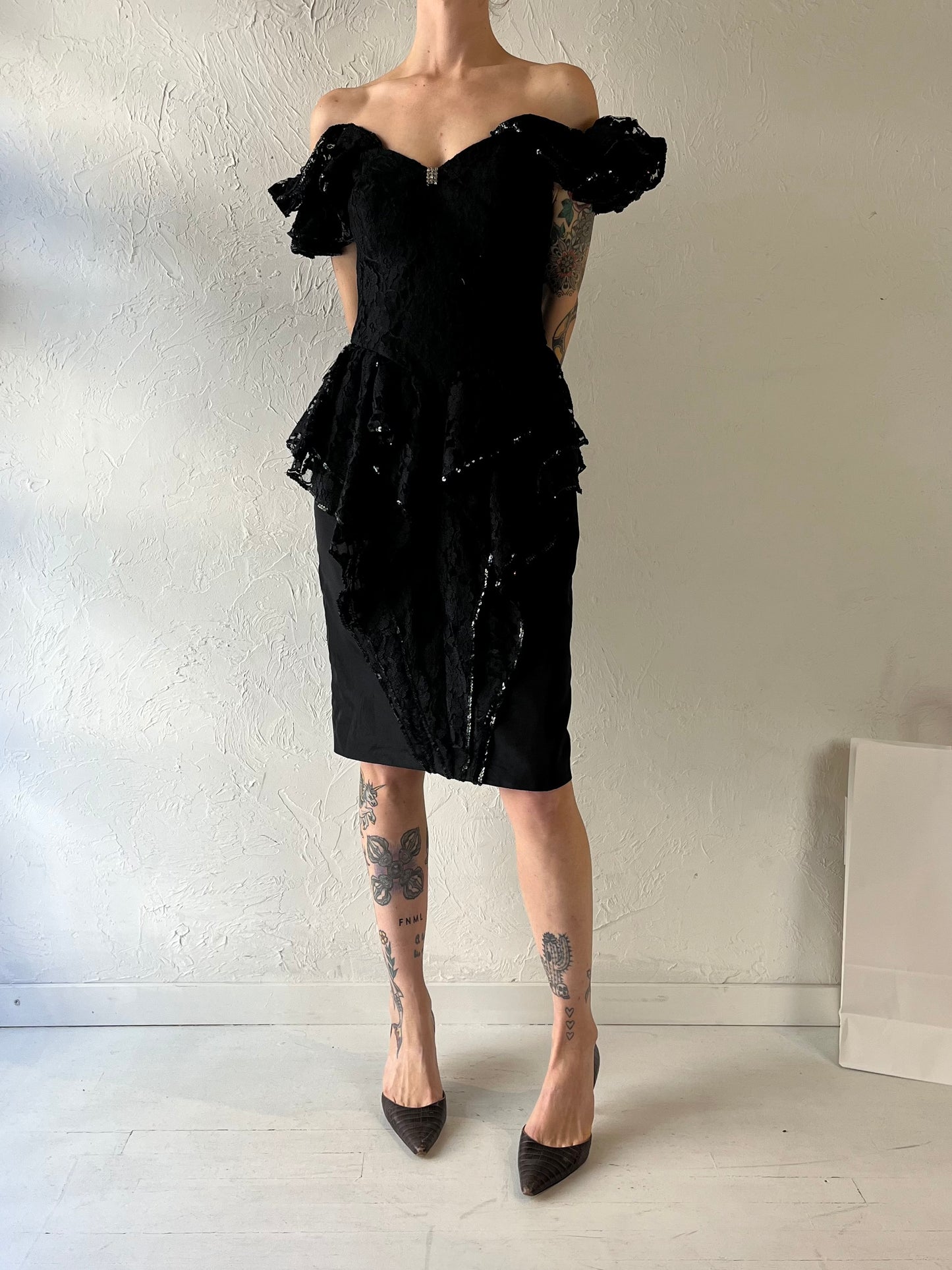 80s 'Lori Ann' Black Lace Dress / Medium