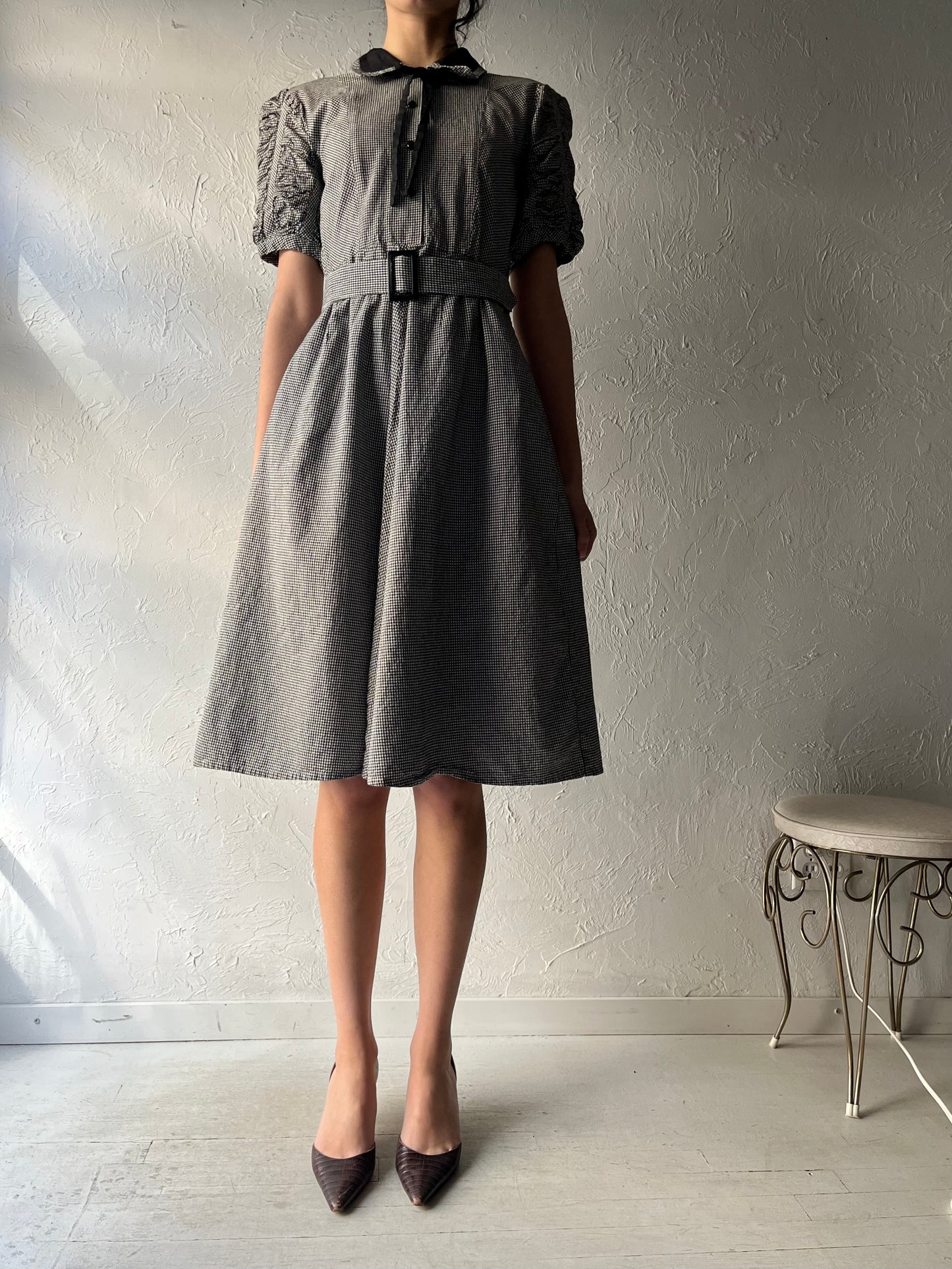 90s 'Kue Li' Black & White Plaid Preppy School Girl Dress / Vintage Academia Midi Dress / Small /