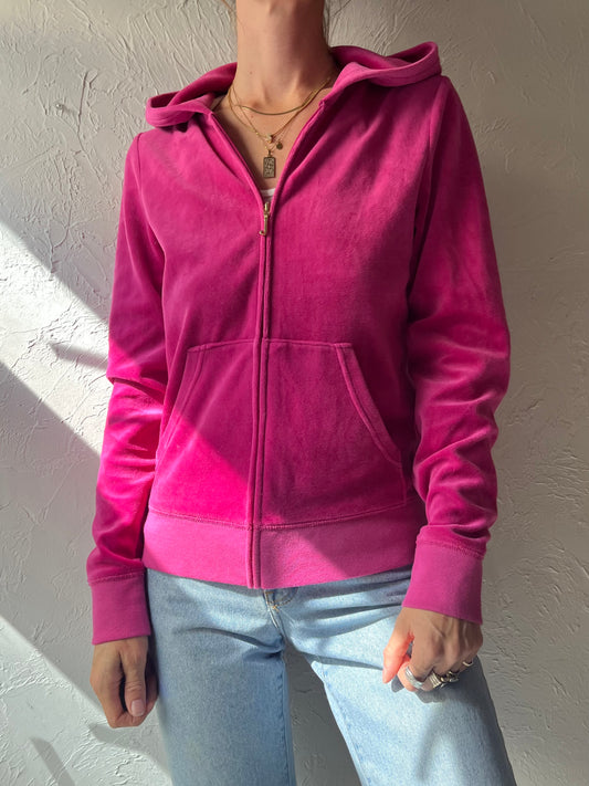Y2K 'Juicy Couture' Hot Pink Rhinestone Crest Zip Up Hoodie / Edgy McBling Coquette Streetwear 2000s Baddie Fashion / Large