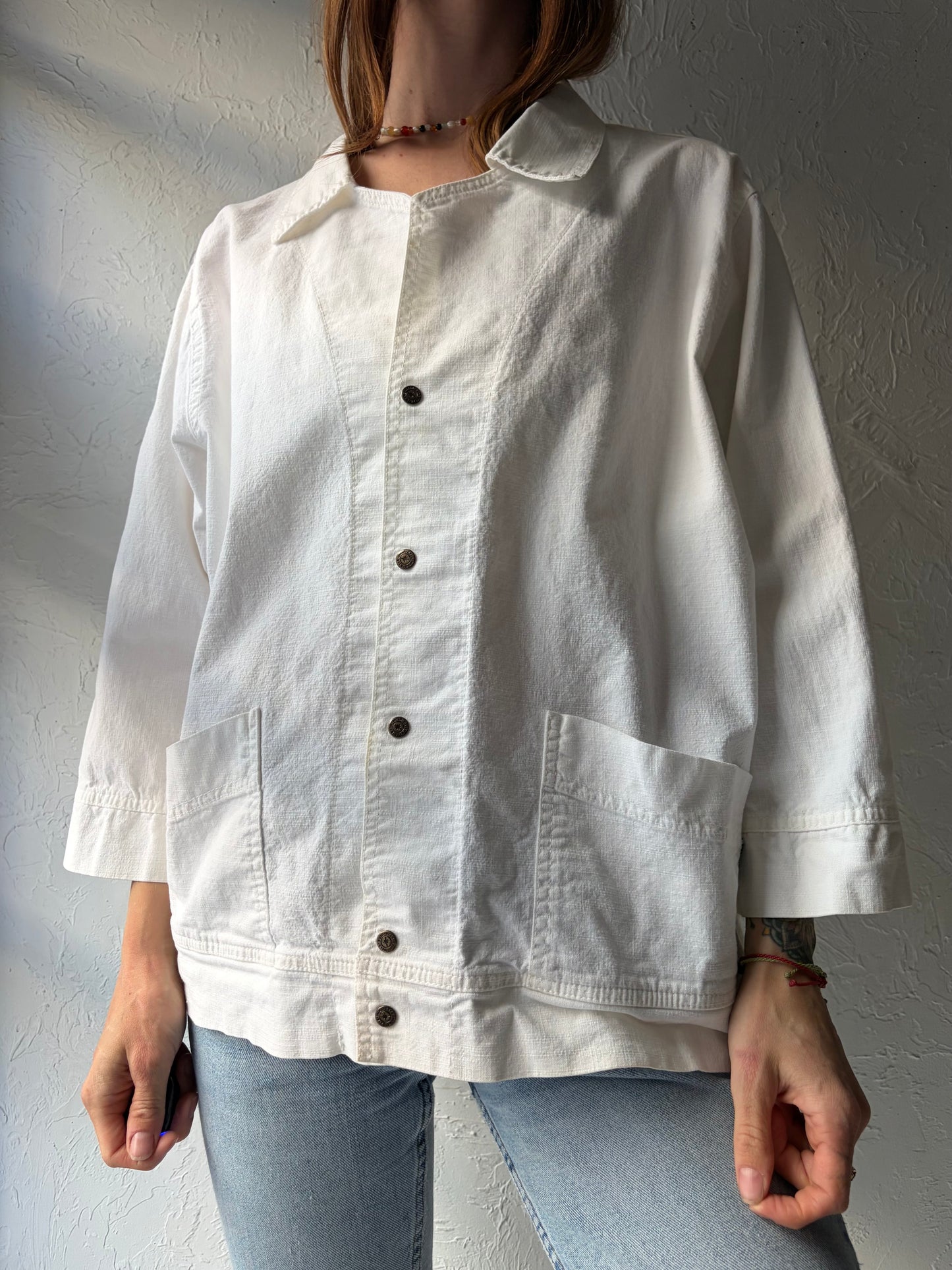 Vintage 'Ezze Wear' White Cotton Snap up Jacket / XL