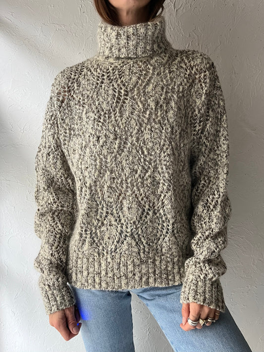90s 'Liz Wear' Grey Marled chunky Knit Turtleneck Minimalist Grandpacore Pullover Sweater / Medium