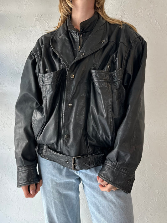 90s 'Byrnes & Baker' Black Leather Bomber Jacket / Medium