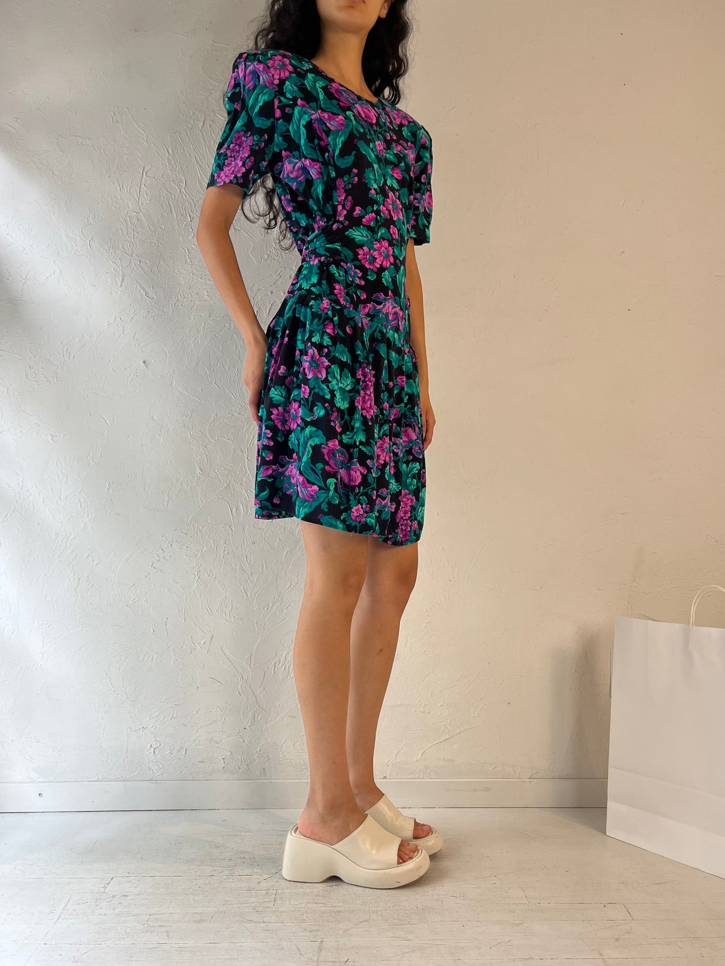 80s 'Vittoria Virini' Floral Print Midi Dress / Medium