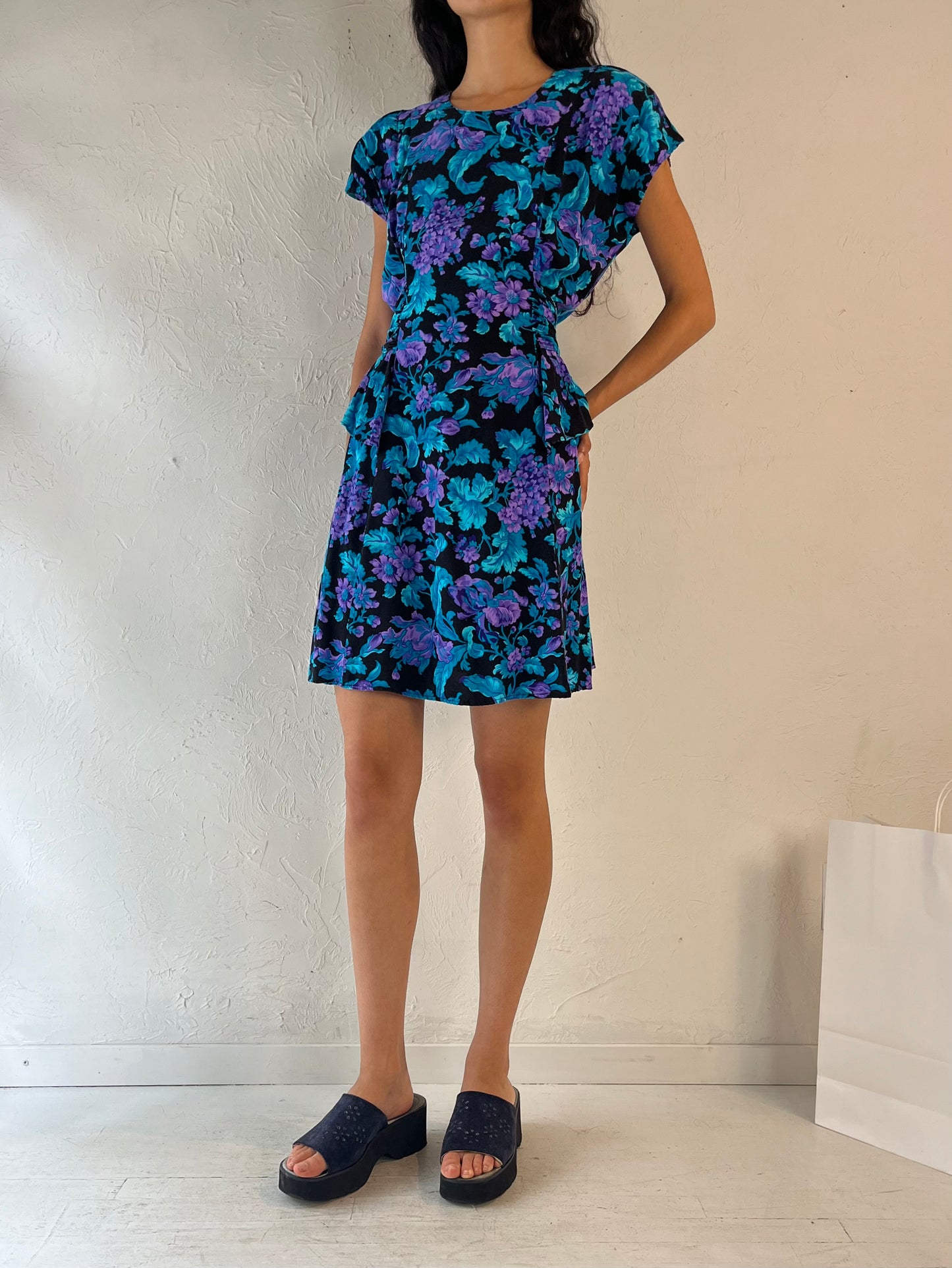 80s 'Vittoria Virini' Floral Print Rayon Dress / Medium