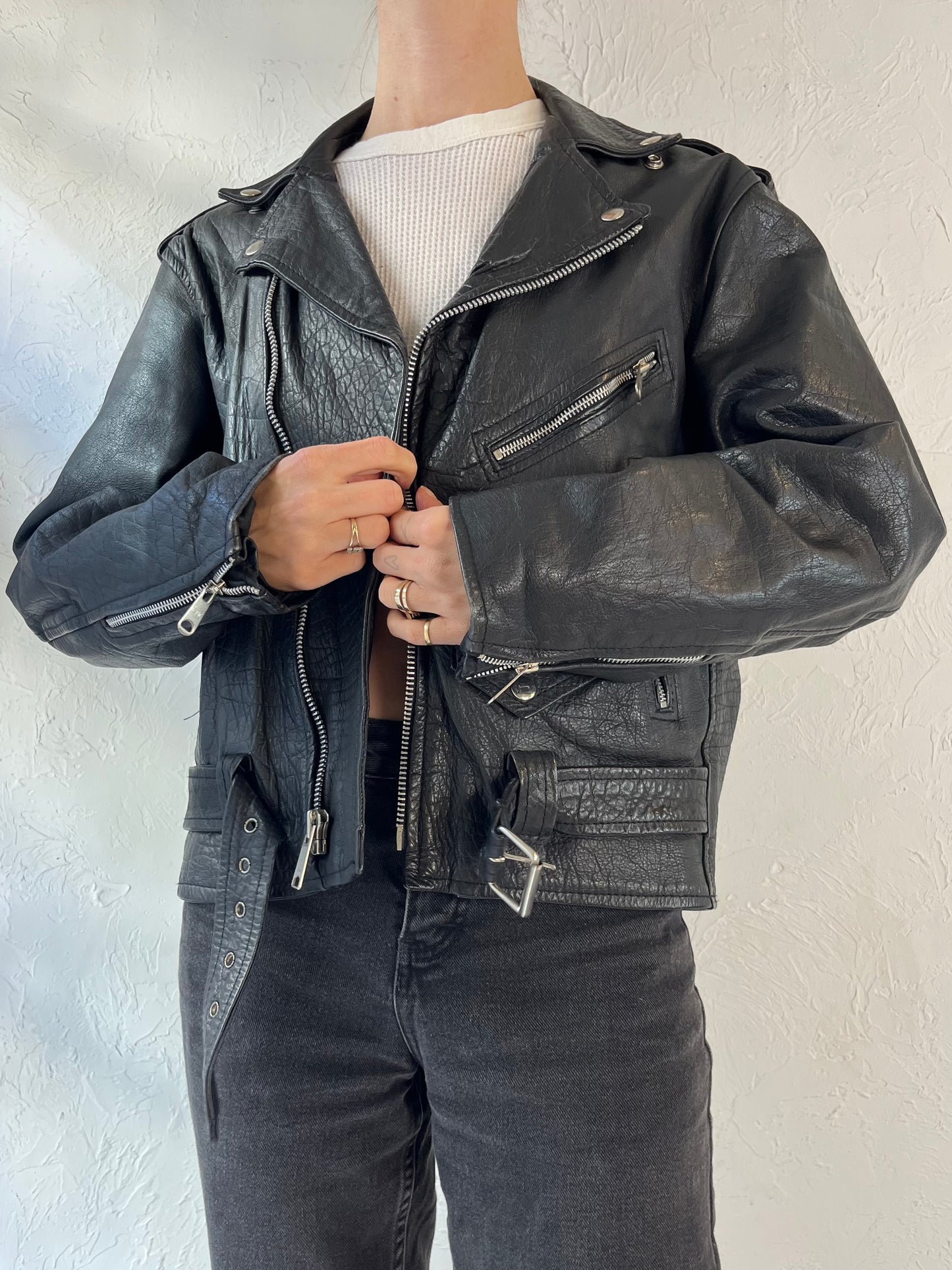 90s 'Hudson Leather' Black Moto Jacket / Medium