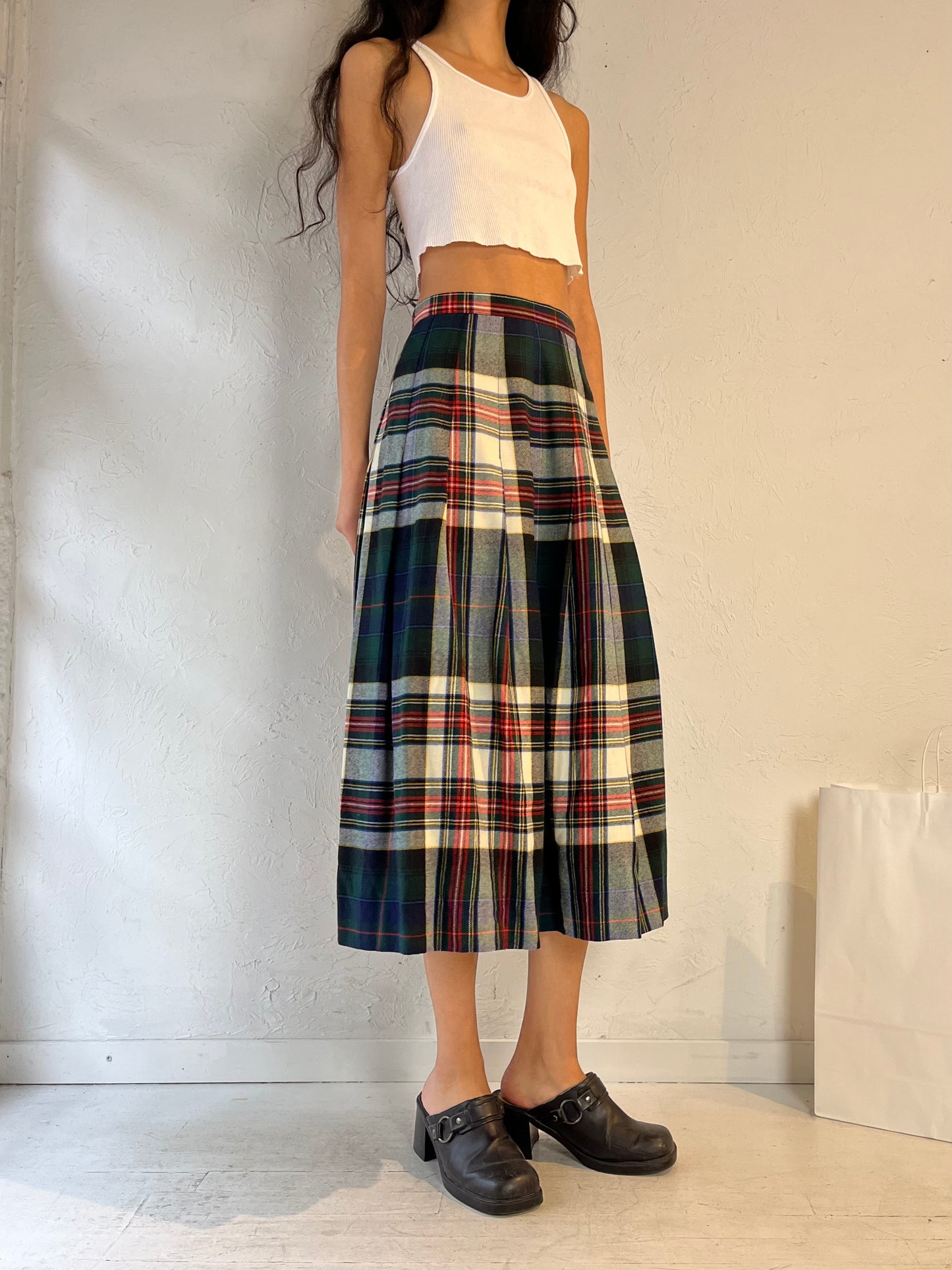 80s ‘Tica’ Plaid Wool Pleated Midi Skirt / Small