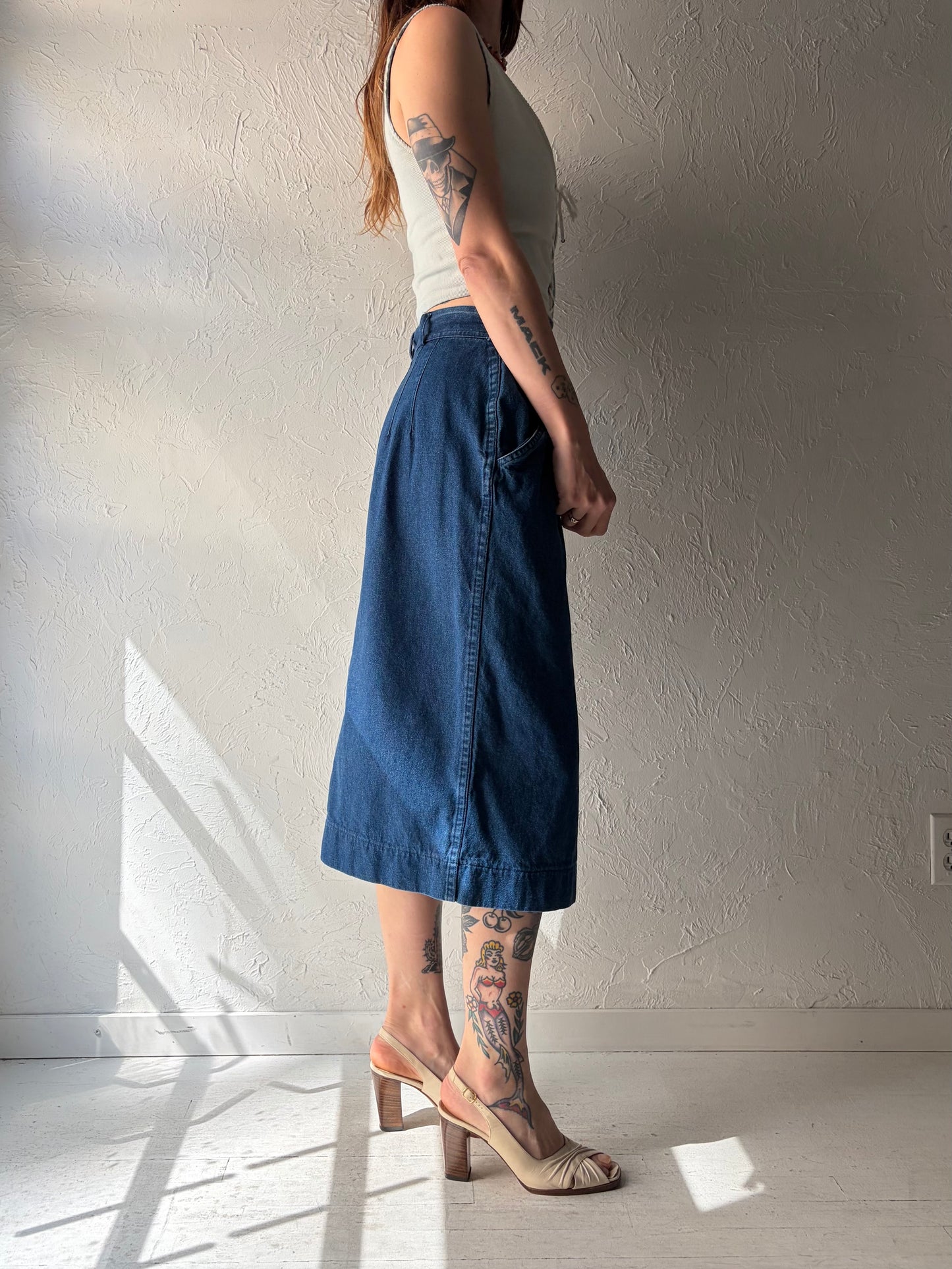 Vintage Button Up Denim Midi Skirt / Medium