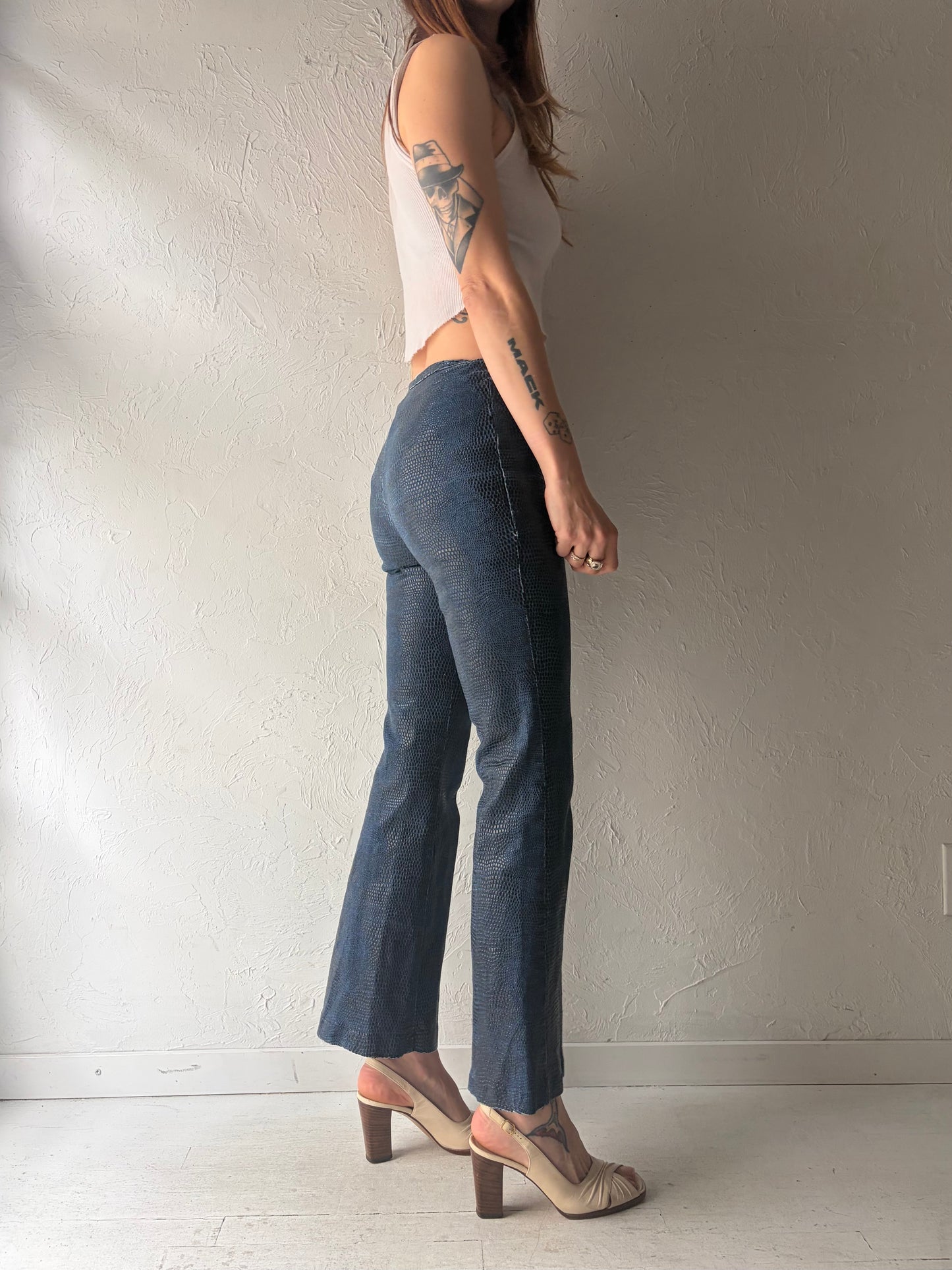 90s ‘Santa Barbra' Retro Blue Patterned Streetwear Trousers / Vintage 2000s Rockstar Pants / Small