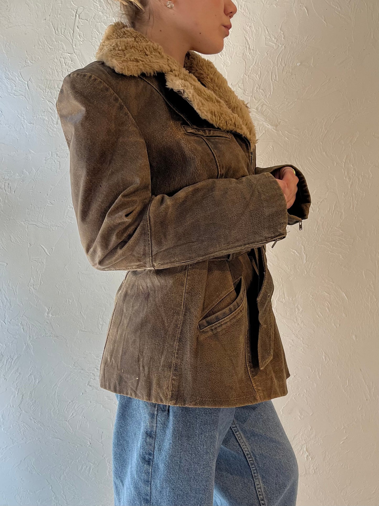 Y2k 'Winlit' Brown Leather Jacket with Faux Fur Trim / Small