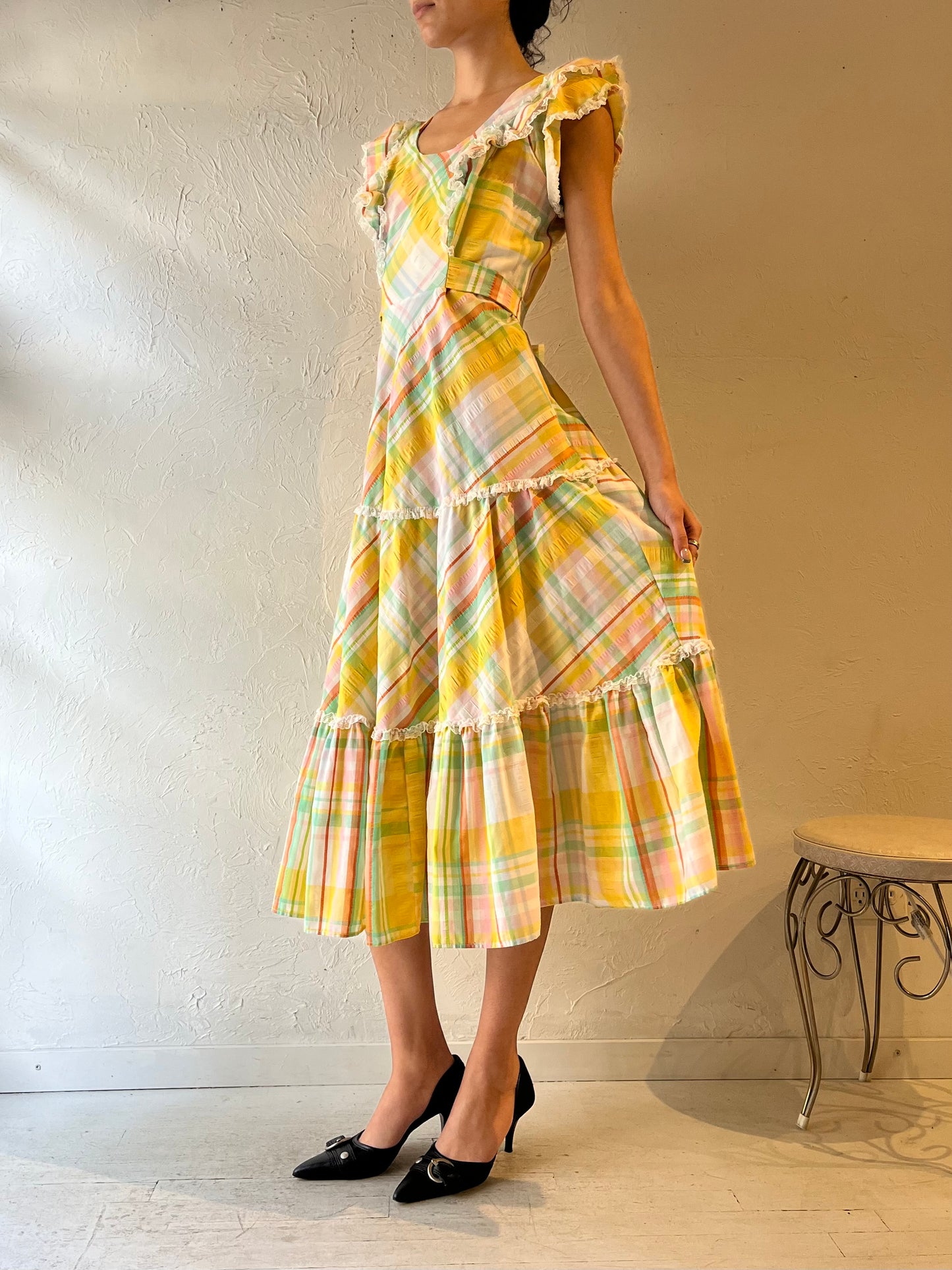 70s ‘Le Voys’ Rainbow Plaid Peasant Midi Dress / Small