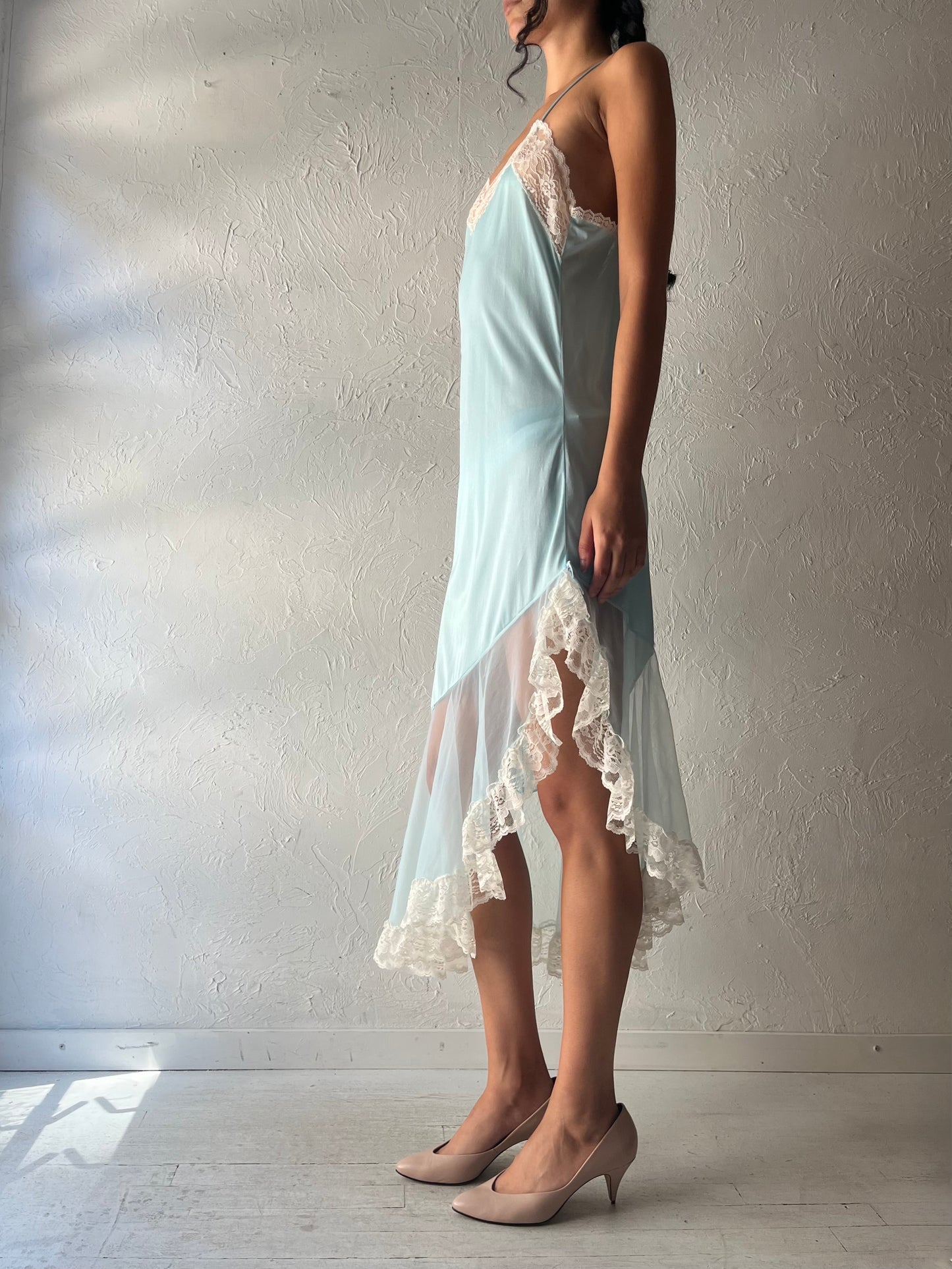 Vintage Assymetrical Baby Blue Slip Dress / Small