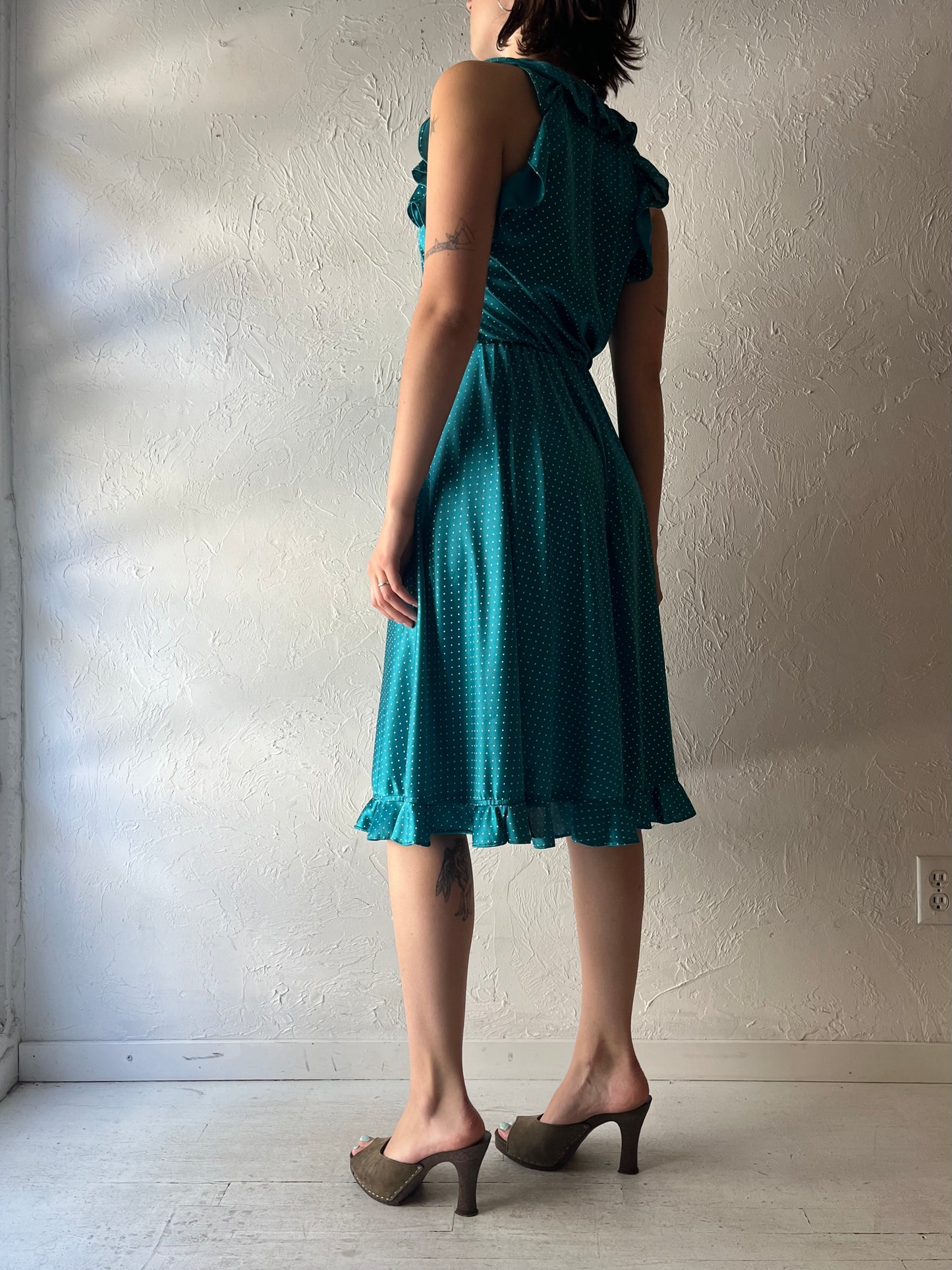 80s Retro Teal Polka Dot Party Dress / Small - Medium