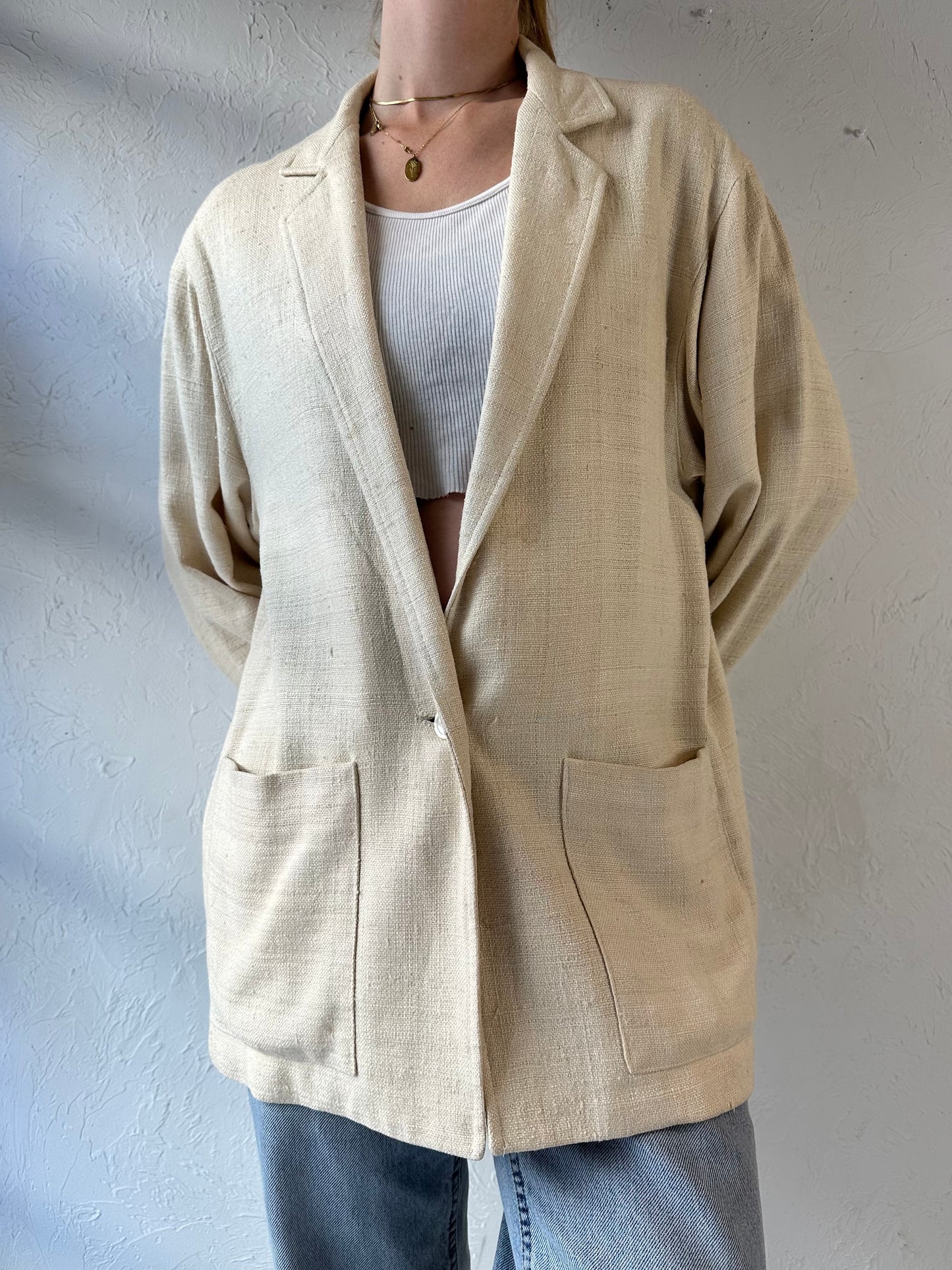 90s 'Savannah' Cream Silk Knit Oversized Blazer Jacket / Medium