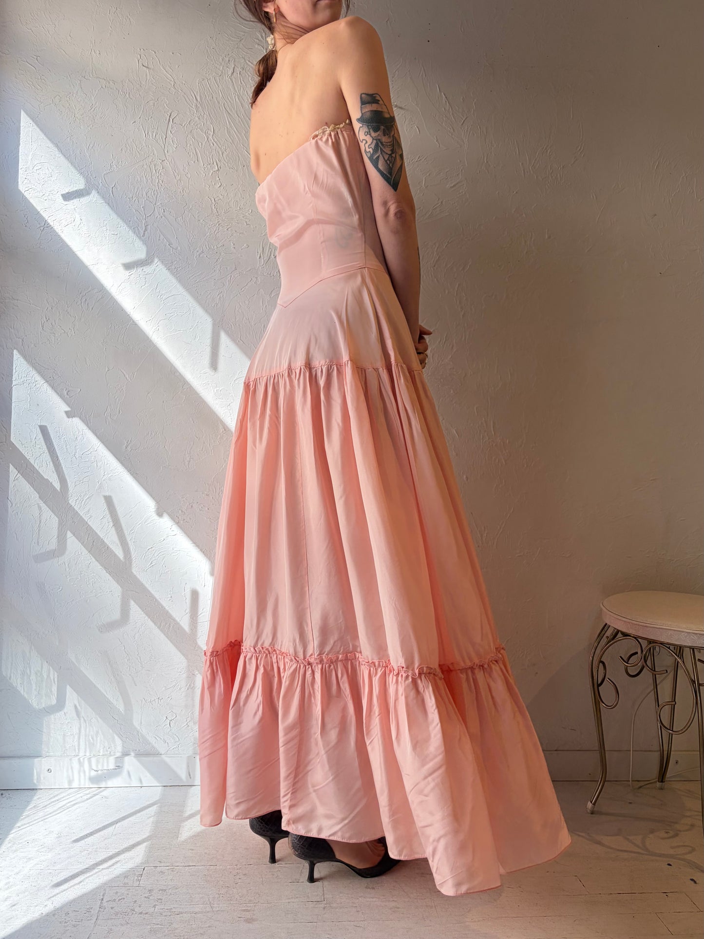 Vintage Pink Strapless Peasant Style Maxi Dress / Small