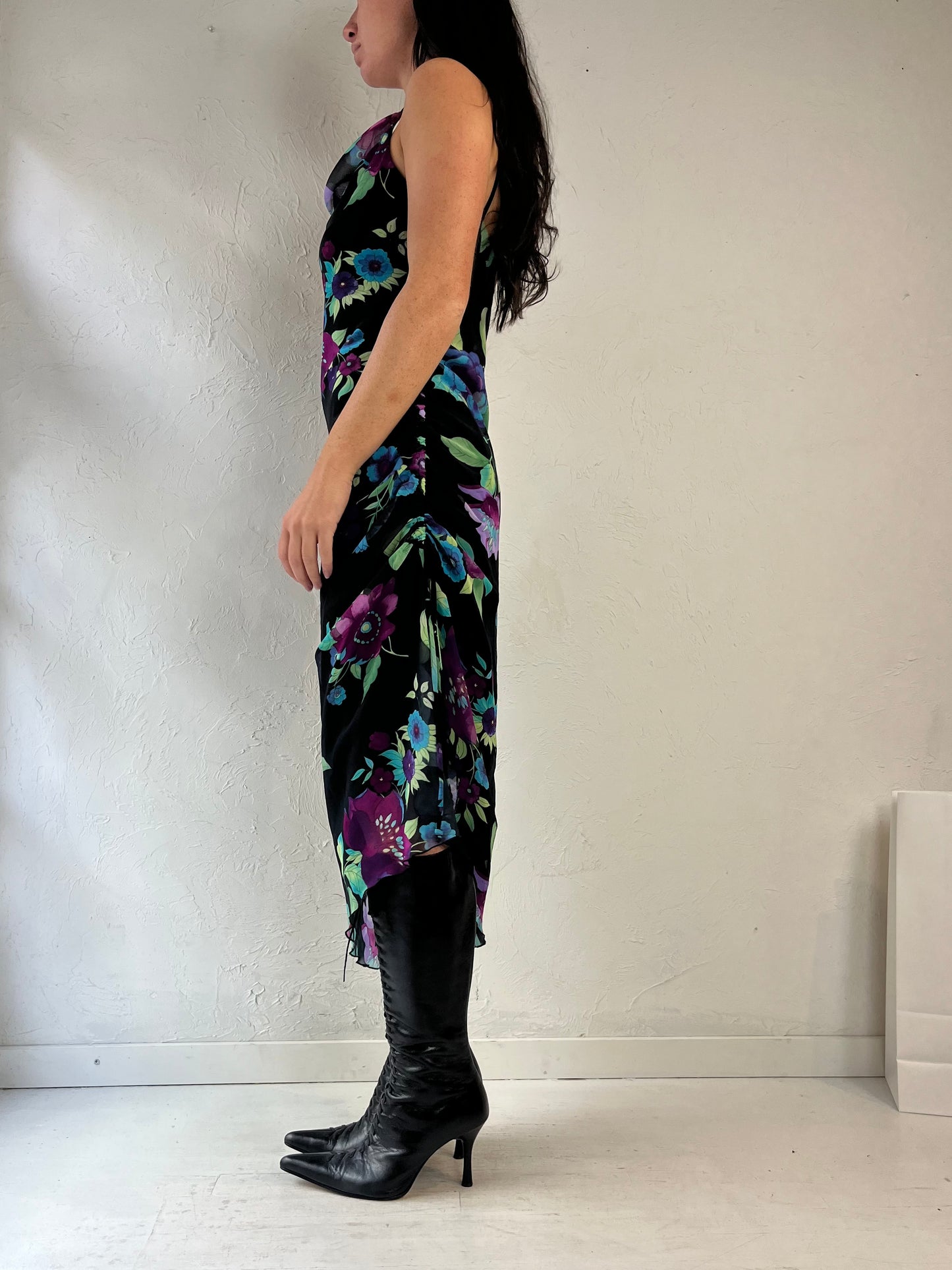 Y2k 'CDC' Black Floral Print Midi Dress / Medium