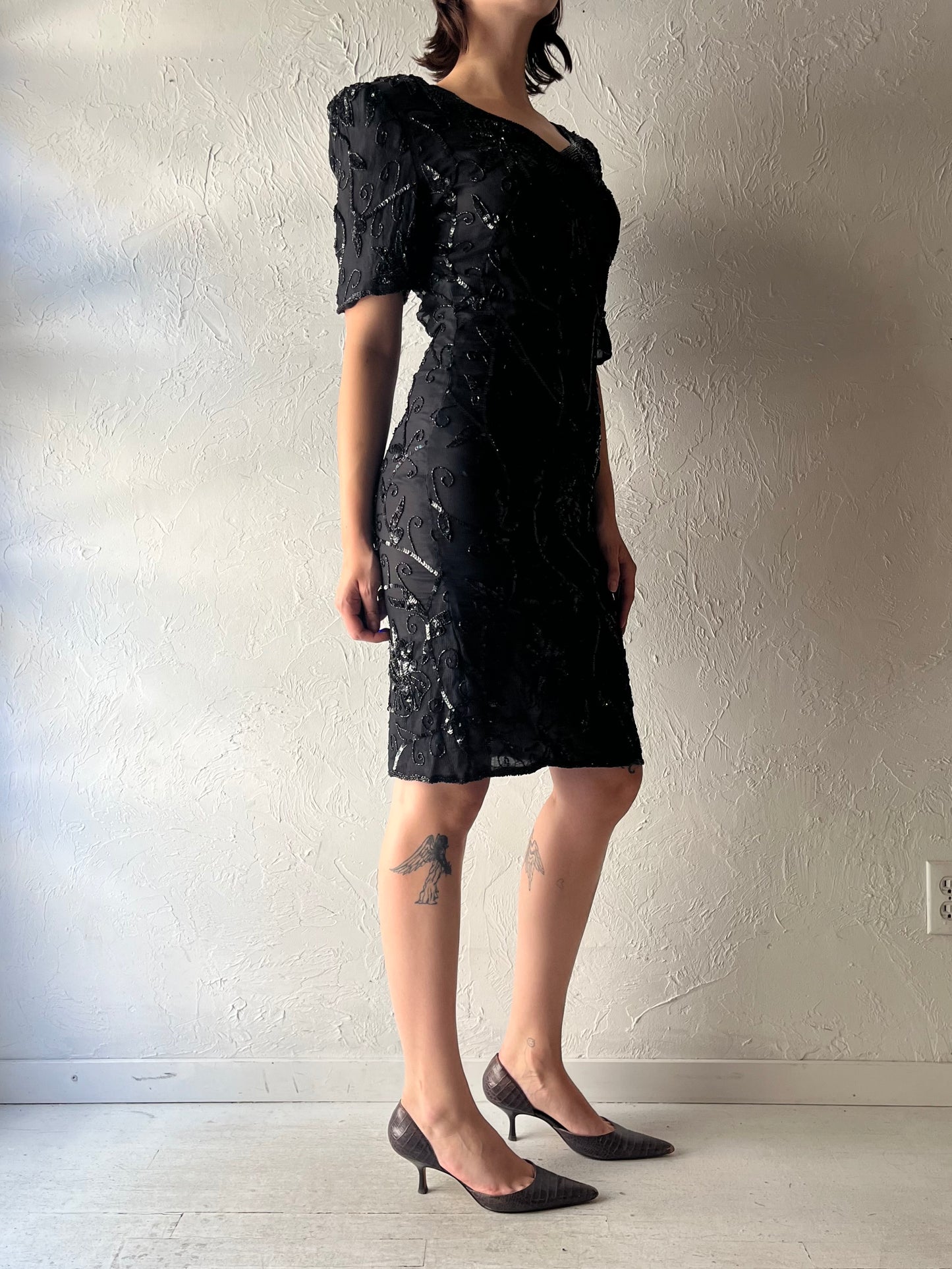 90s Retro Black Sequence Silk Mini Party Dress / Vintage 1990s Holiday Cocktail Formal Dress / Medium