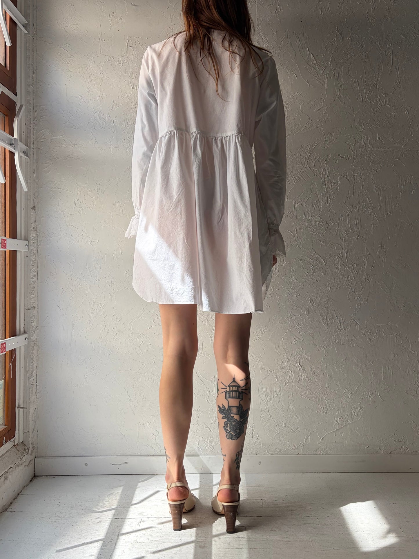 90s White Cotton Cottage Core Long Sleeve Mini Dress / Medium