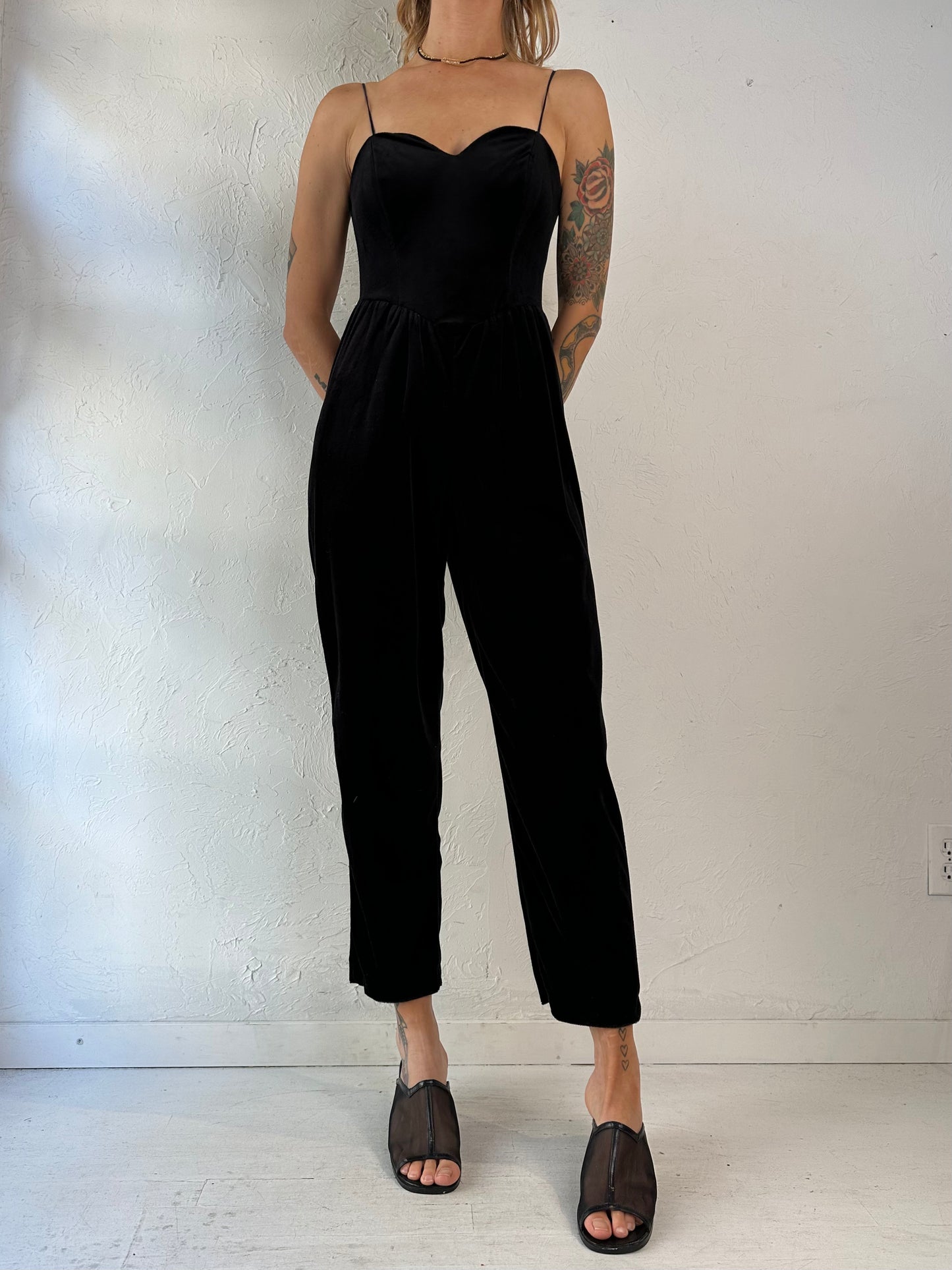 70s Black Velvet Jumpsuit / Union Made / Small