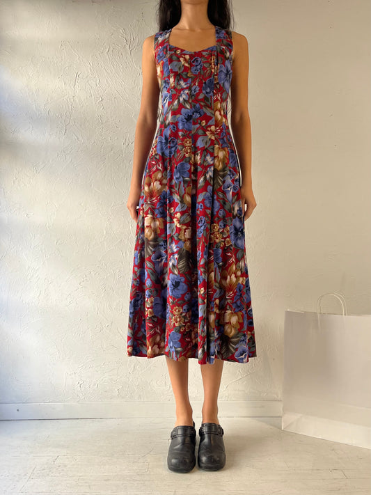 90s 'All That Jazz' Blue Floral Print Dress / Medium