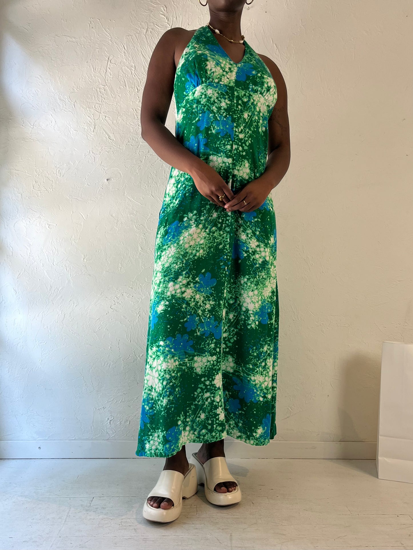 Vintage Handmade Green Patterned Halter Dress / Medium