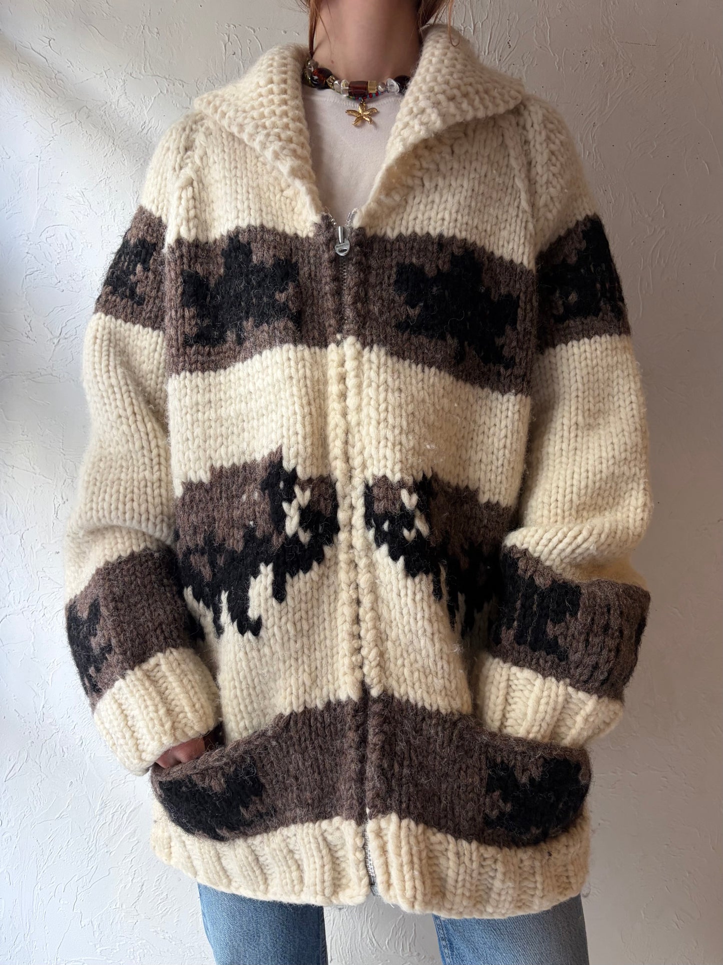 Vintage Hand Knit Wool Bull Sweater / XL