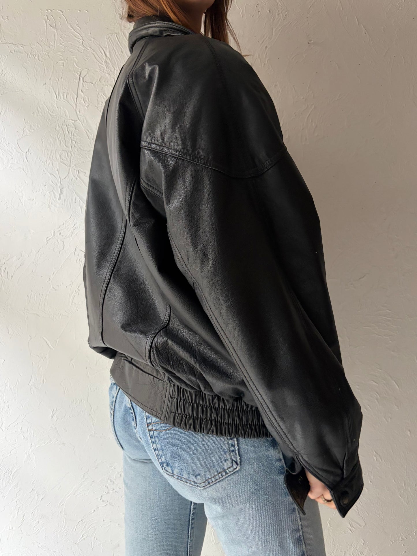 90s Black Leather Bomber Jacket / Large