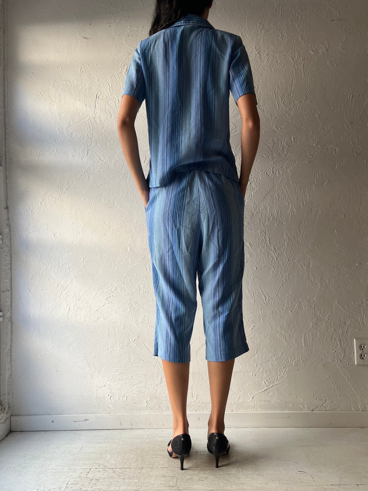 Vintage 'Alia' Blue Striped Two Piece Capri Set / Medium