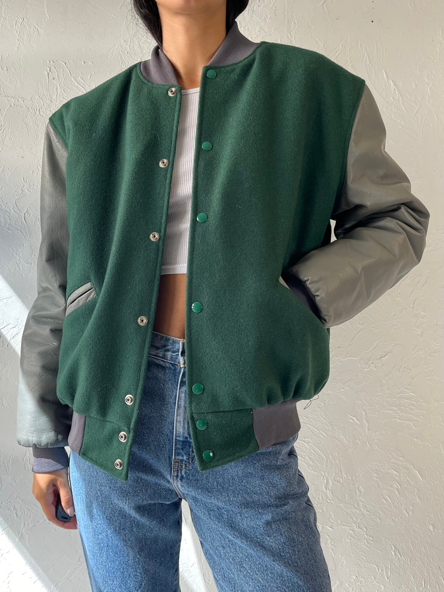 80s 'Chevron' Green Wool Leather Bomber Jacket / Medium