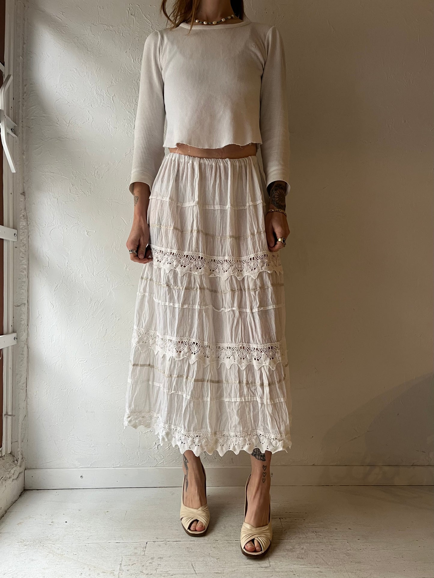 Vintage White Crochet Midi Skirt / Small
