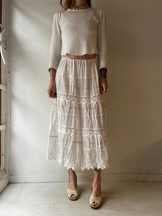 Vintage White Crochet Midi Skirt / Small