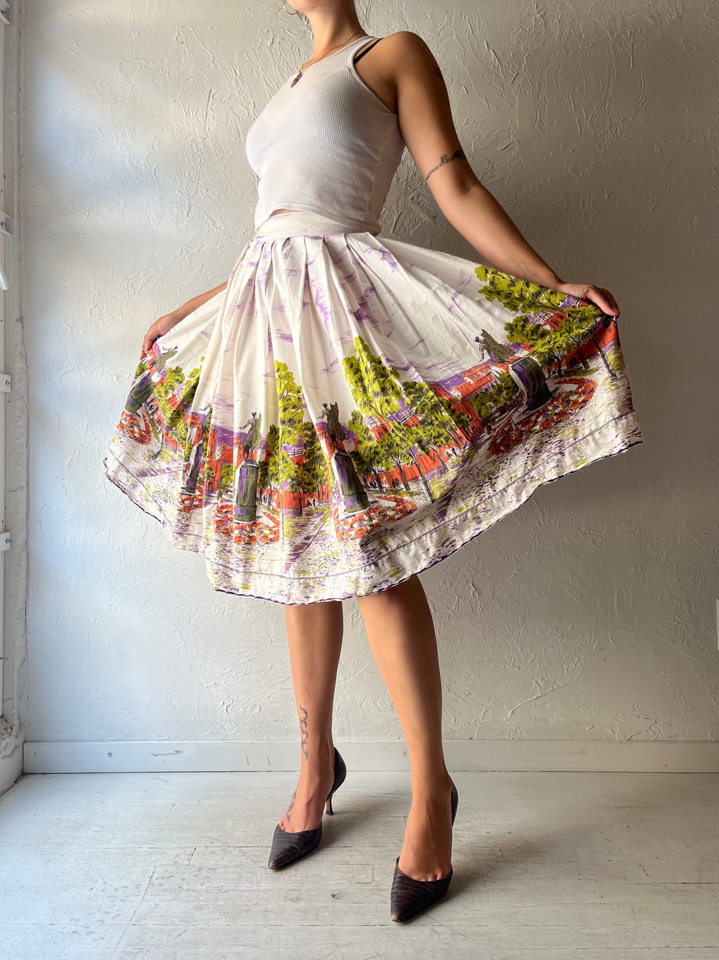 Vintage Handmade Cotton Novelty Print Pleated Midi Skirt / Small