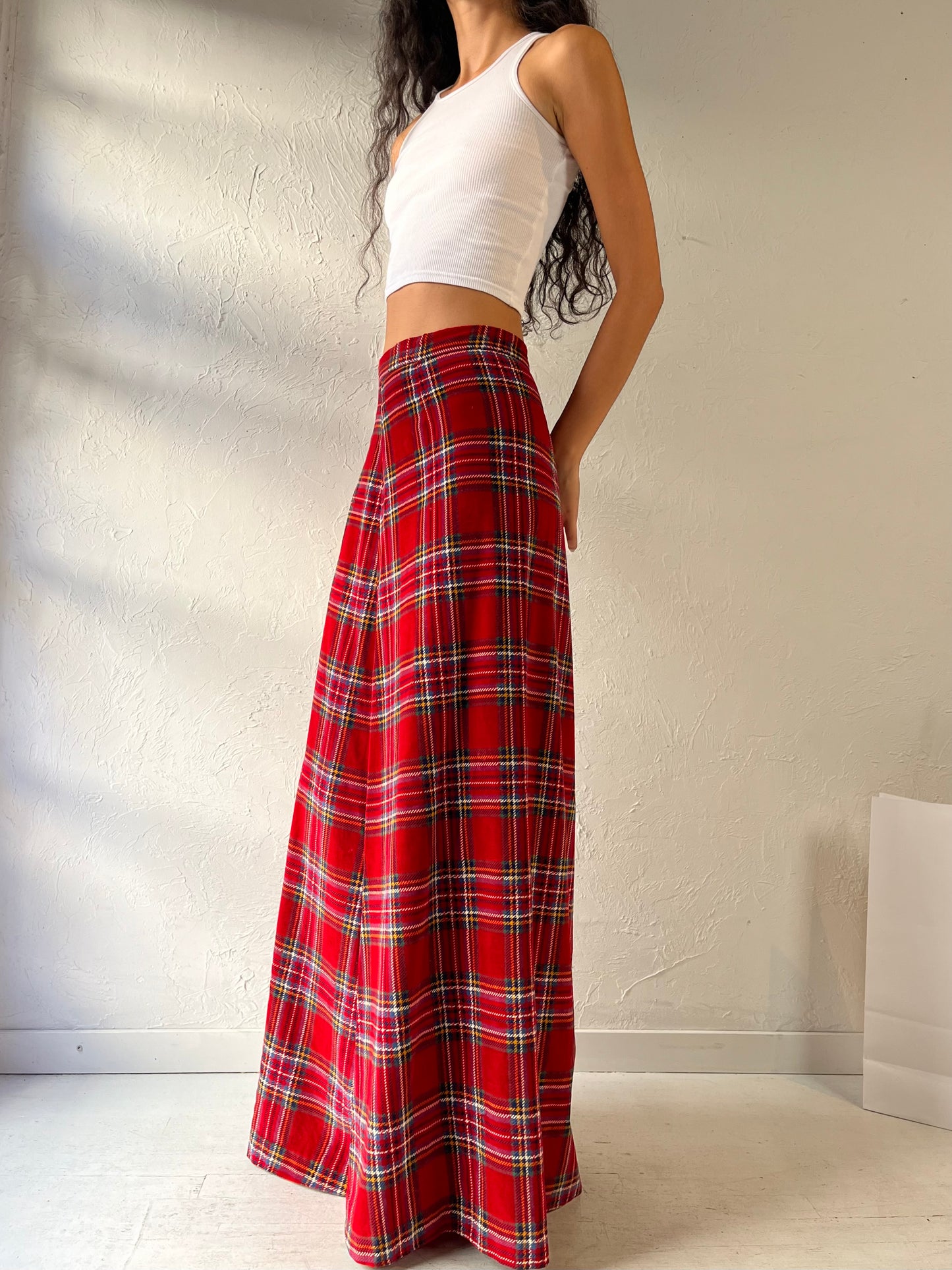 Vintage Handmade Velvet Plaid Maxi Skirt / Small