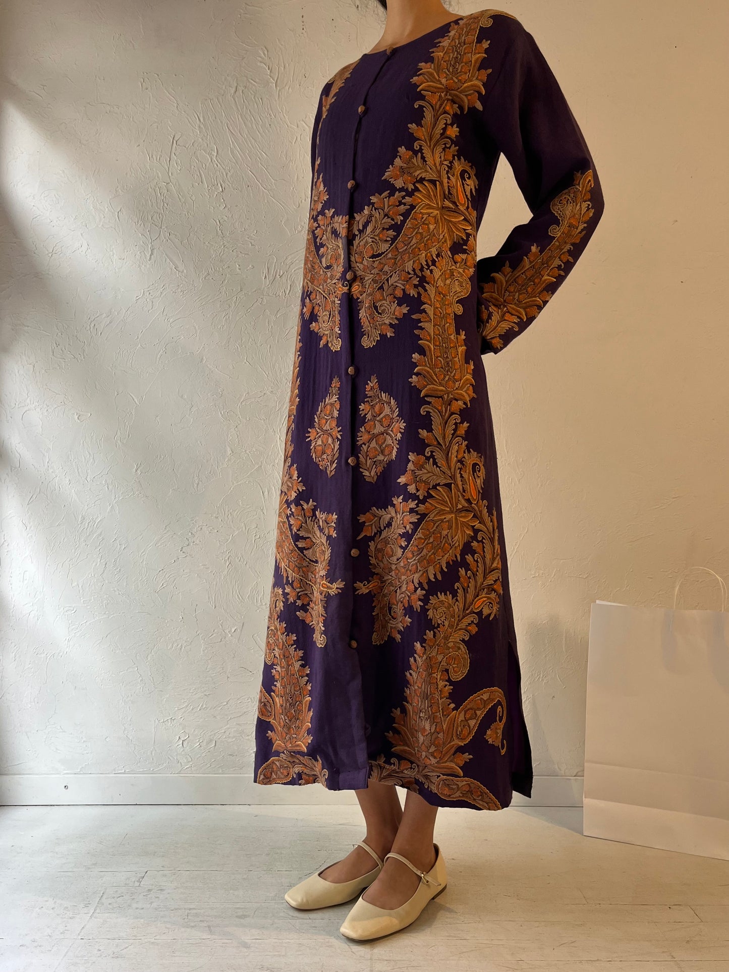 70s Long Purple Embroidered Cloak Coat / Medium