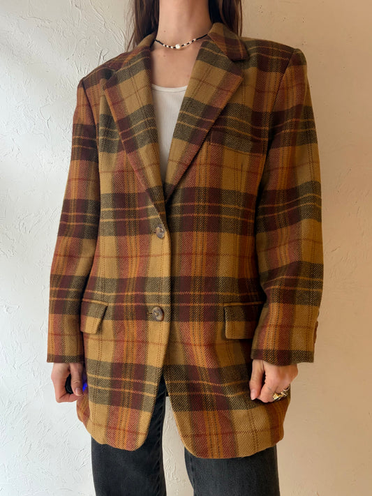 90s 'Linda Allard' Plaid Wool Blazer Vintage 1990s Minimalist Oversized Jacket / Medium